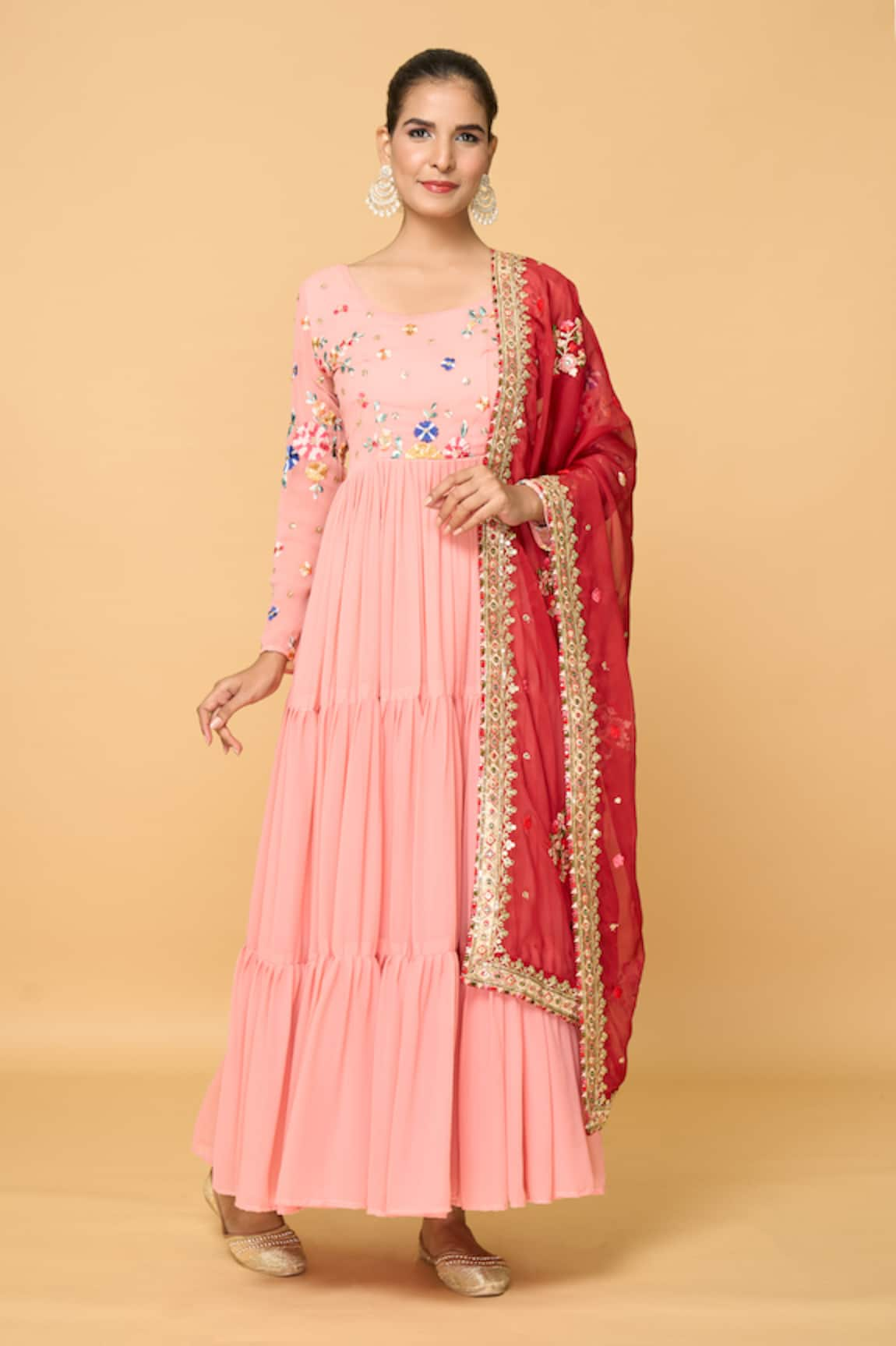 Adara Khan Gul Thread Embroidered Tiered Anarkali With Dupatta