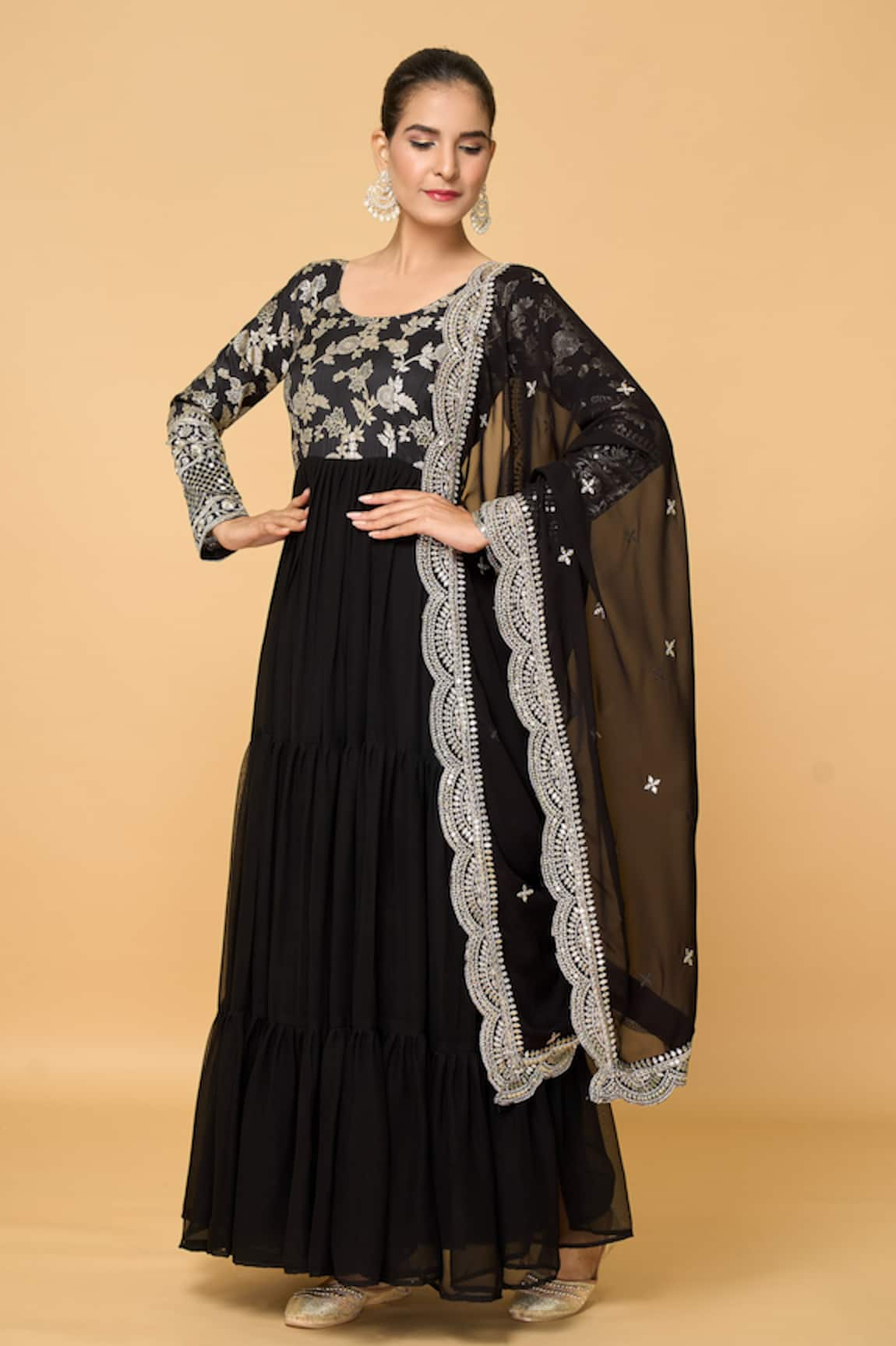 Adara Khan Gardenia Bloom Tiered Anarkali With Dupatta