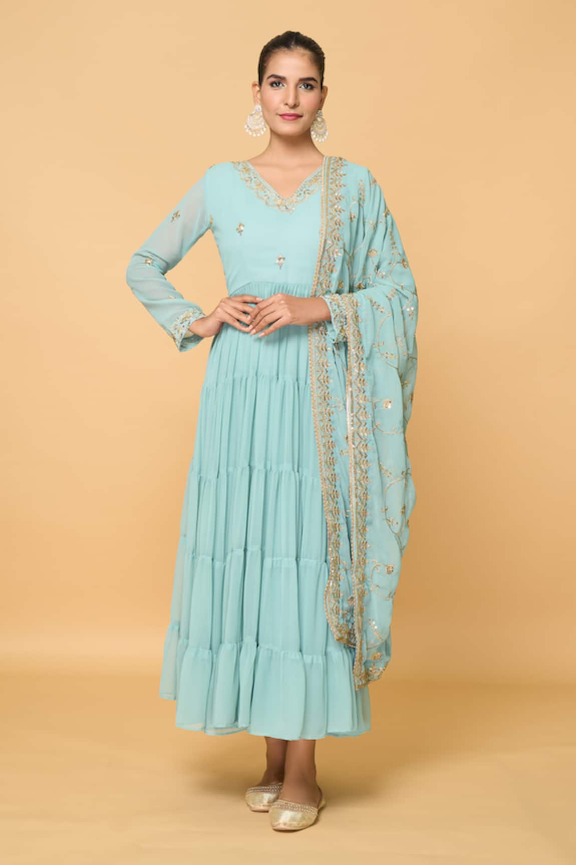 Samyukta Singhania Phool Bloom Embroidered Tiered Anarkali With Dupatta 