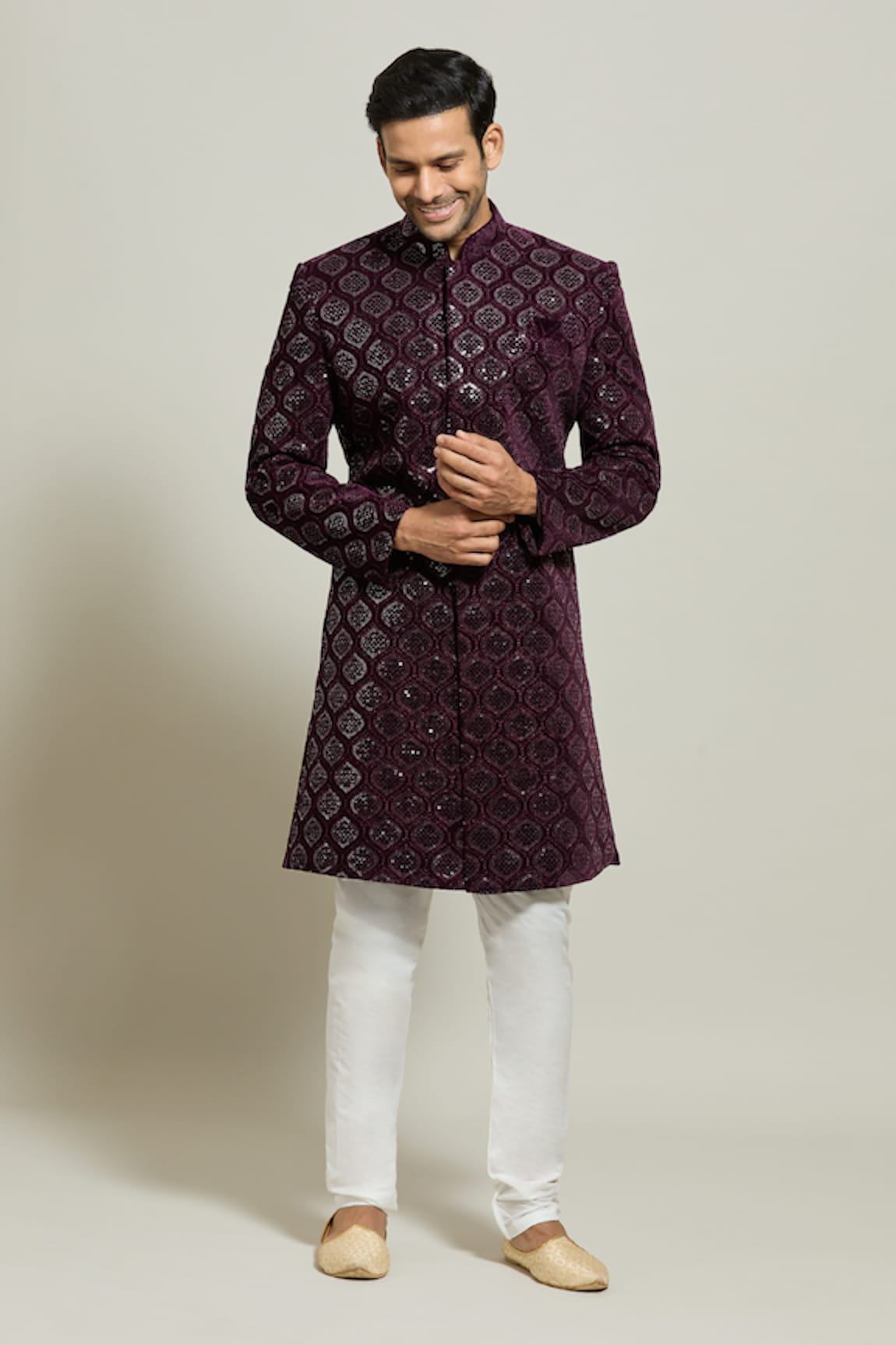 Aryavir Malhotra Mughal Ogee Pattern Sherwani & Churidar Set