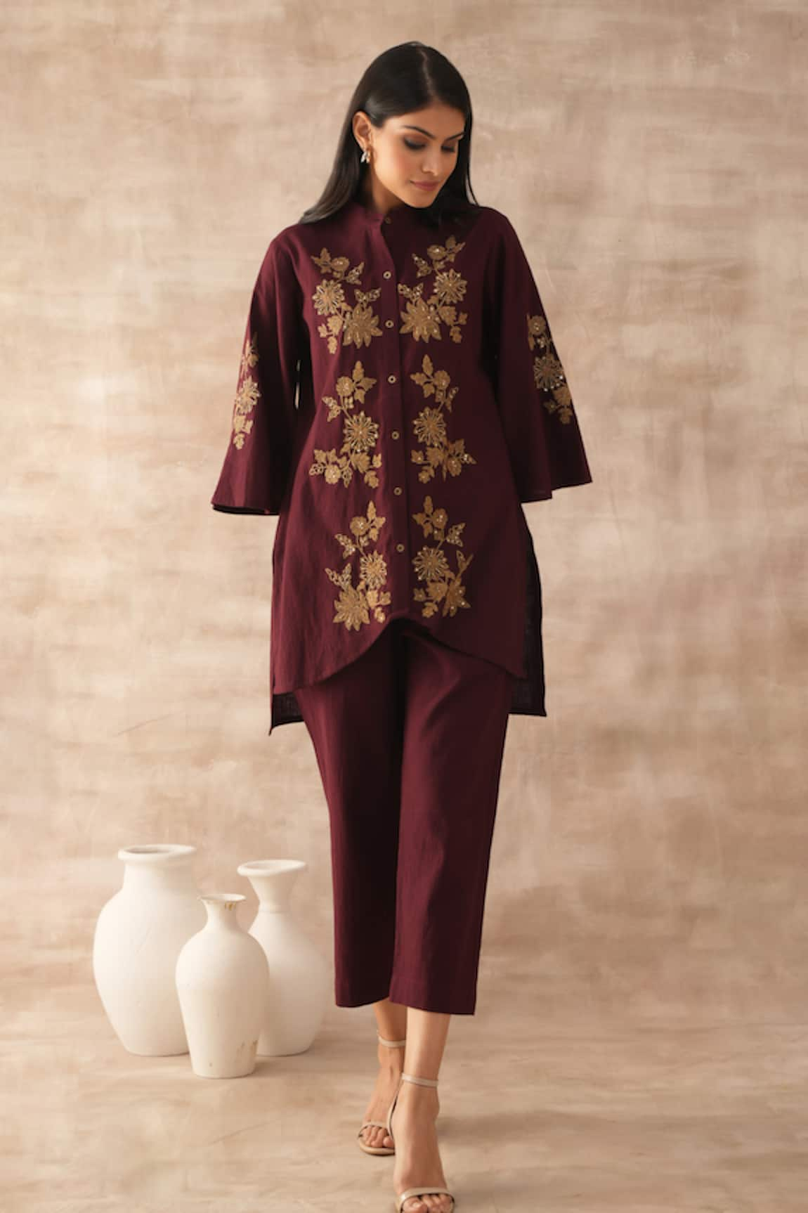 VARUN CHHABRA Asymmetric Thread Embroidered Tunic & Pant Set