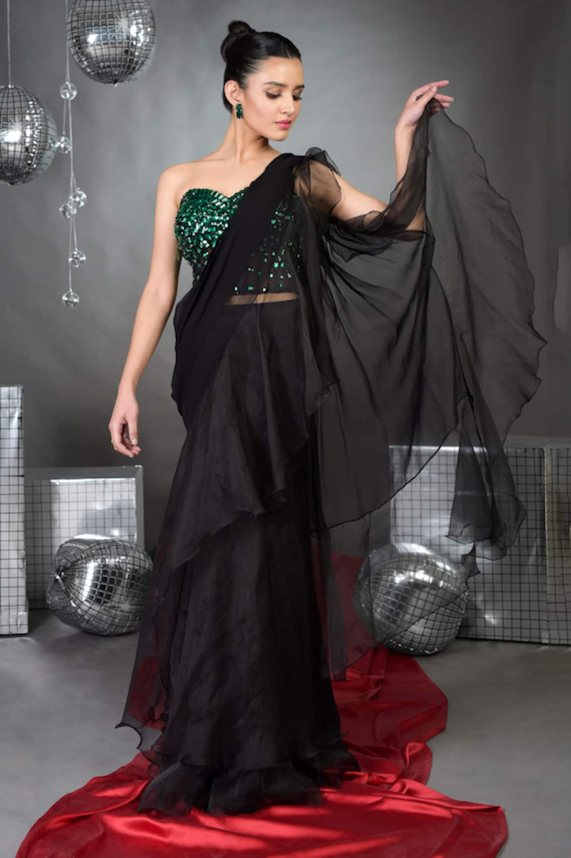 Talking Threads Soild Pre-Draped Ruffle Saree With Emerald Rhinestone Embellished Corset