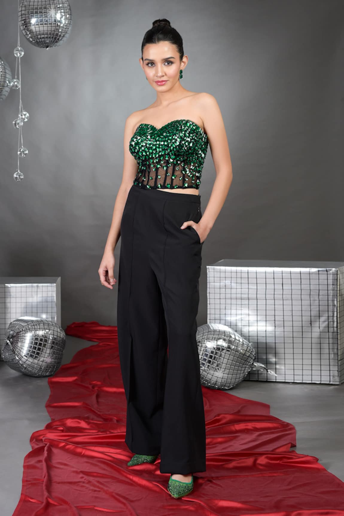 Talking Threads Emerald Rhinestone Embellished Corset With Pant