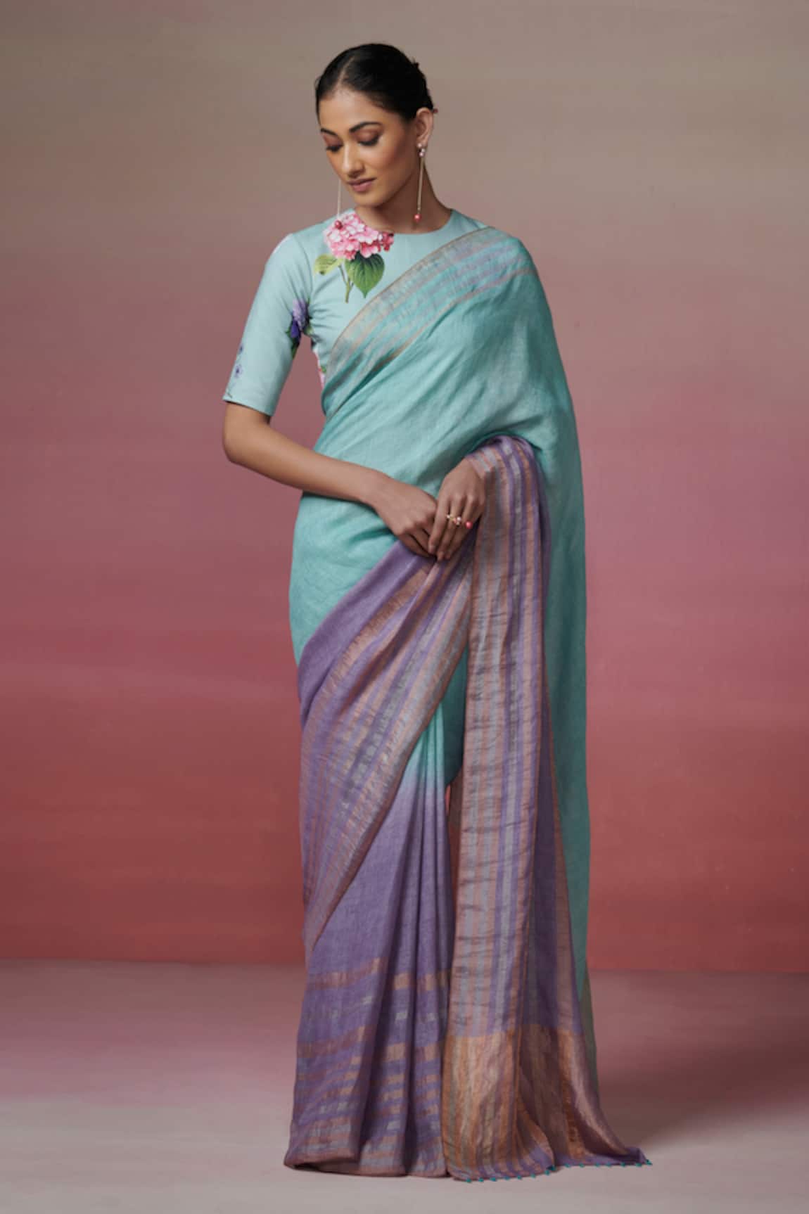 Dressfolk Inked Tale Zari Bar Stripe Handloom Linen Saree