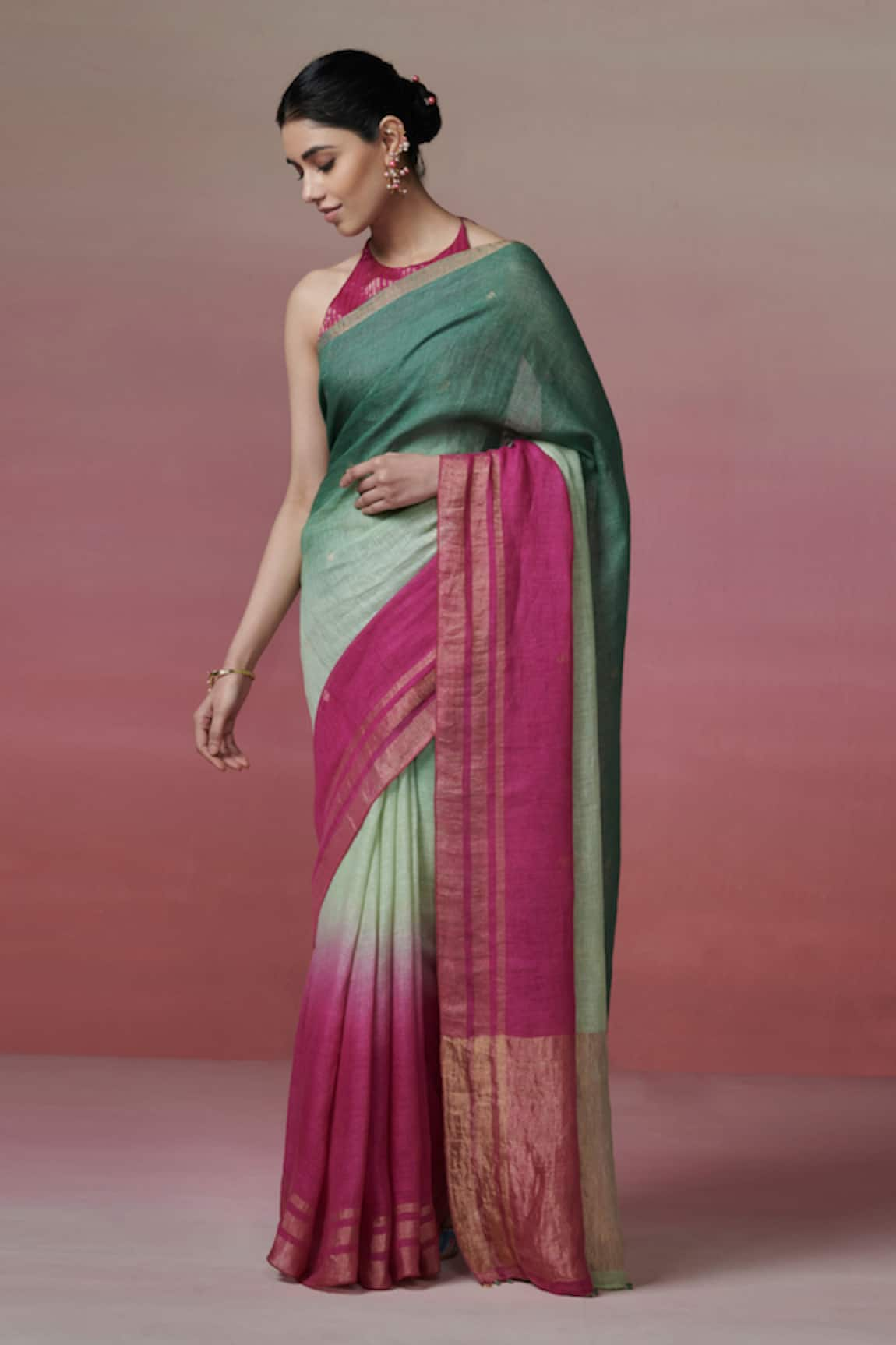 Dressfolk Ivy Rose Zari Border Handloom Linen Ombre Saree