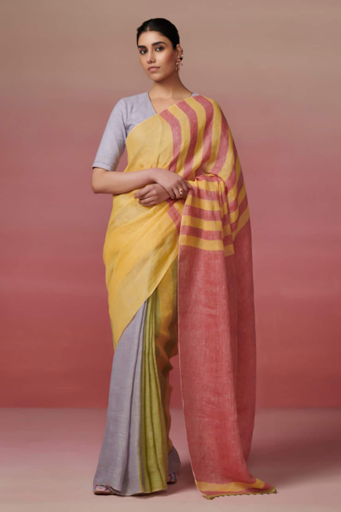 Dressfolk Color Block Handloom Linen Saree