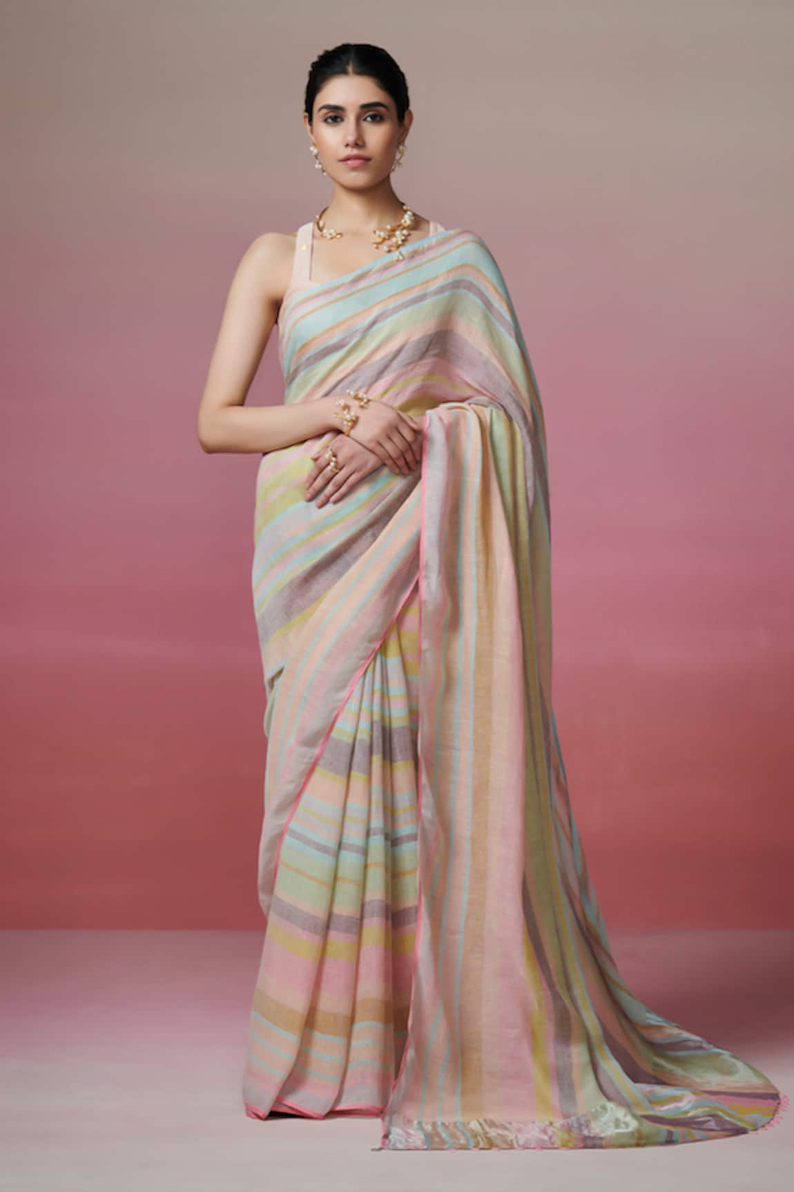 Dressfolk Handloom Linen Stripe Pattern Saree