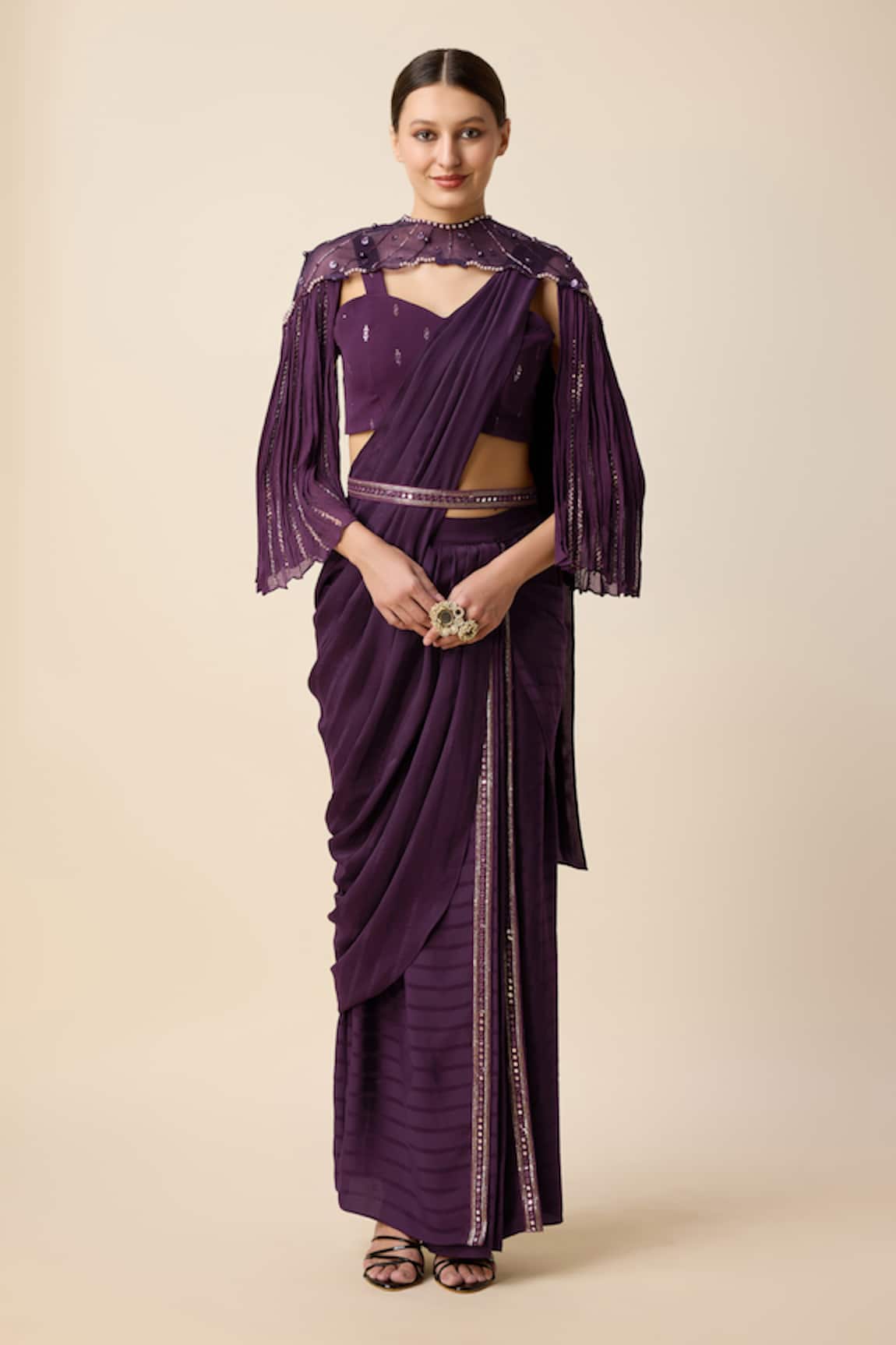 Merge Design Pleated Pre-Draped Saree Set With Cape