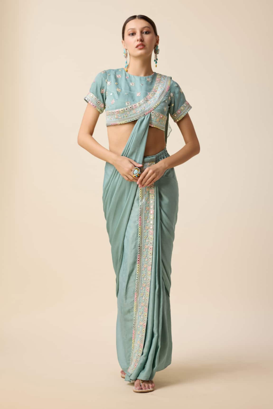 Merge Design Mirror Border Embroidered Pre-Draped Saree With Blouse