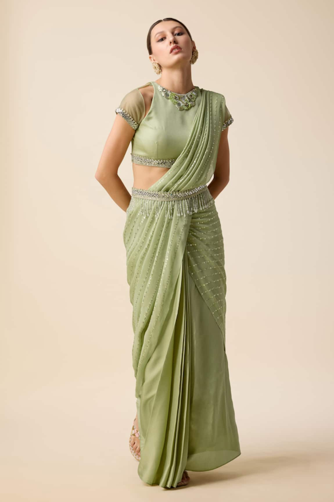 Merge Design Stripe Embroidered Pre-Draped Saree With Blouse