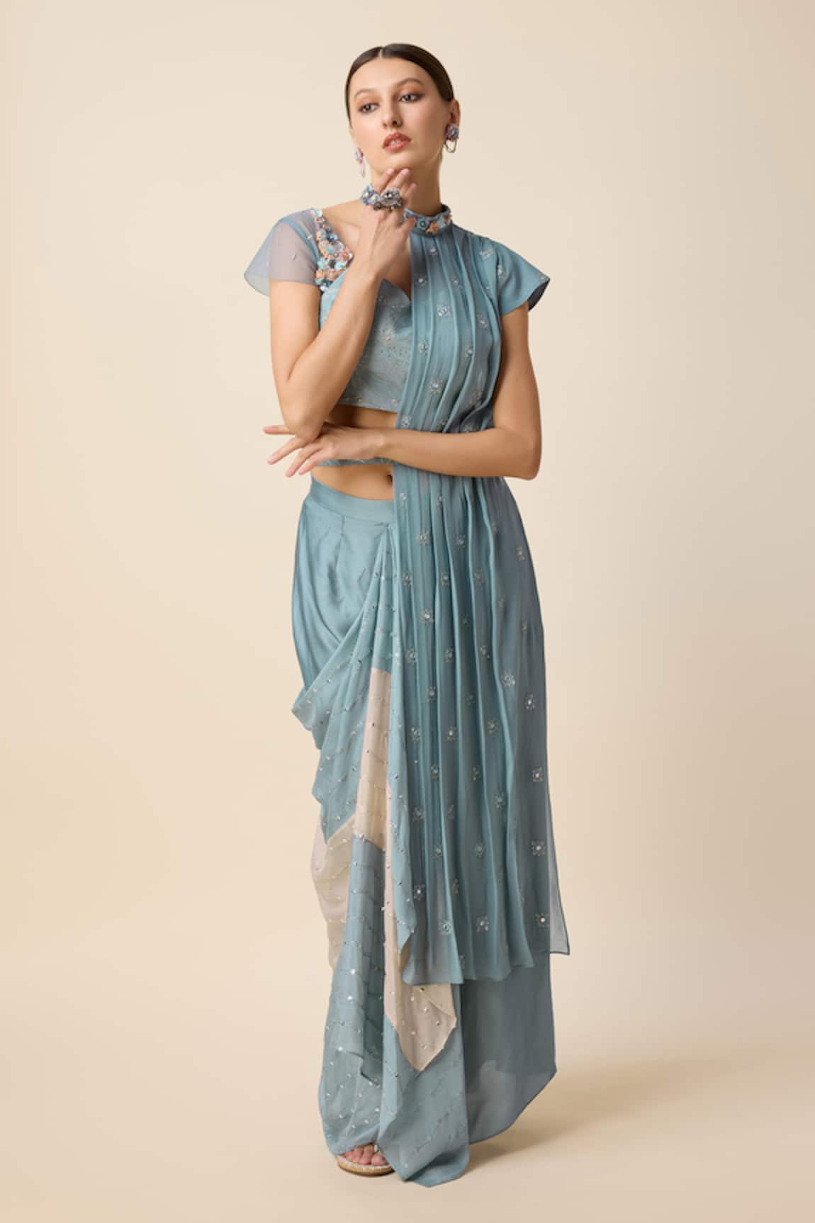 Merge Design Thread Embroidered Pre-Draped Saree Set With Shrug
