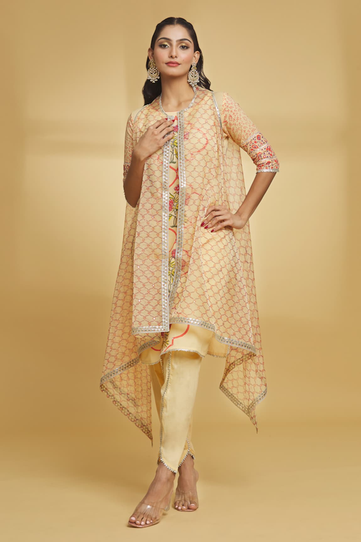 Maayera Jaipur Floral Geometric Pattern Kurta Jacket Set