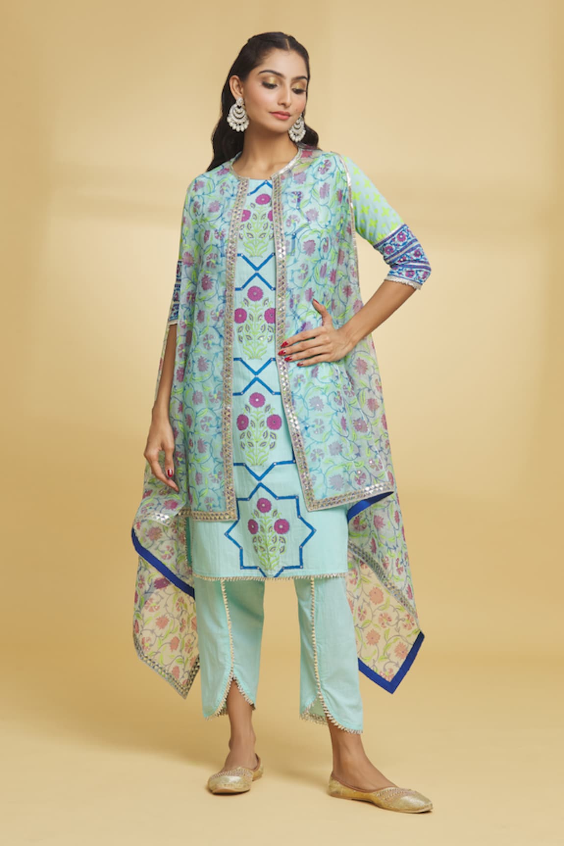 Maayera Jaipur Floral Pattern Asymmetric Cape Tulip Pant Set