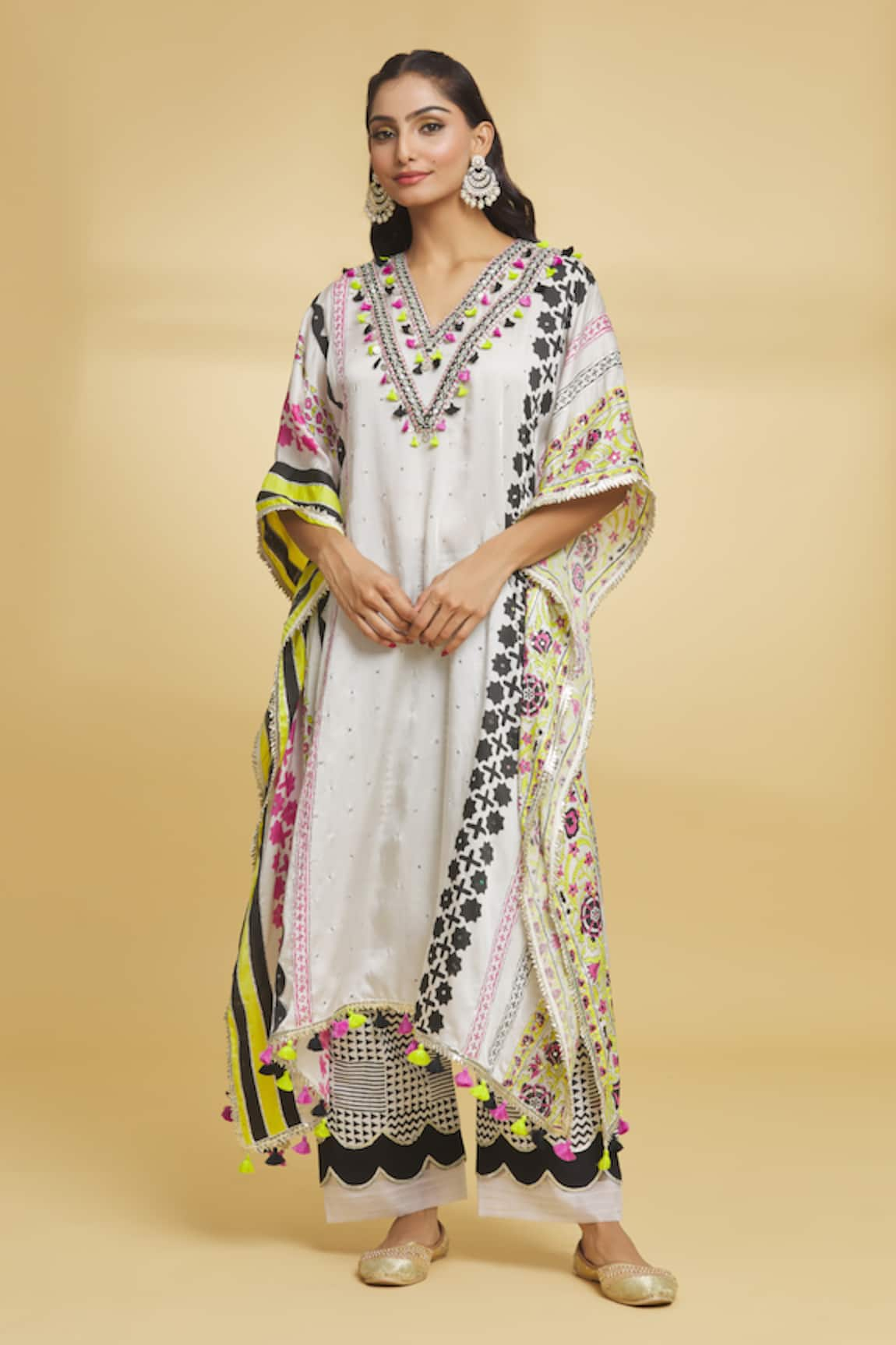 Maayera Jaipur Floral Pattern Tasseled Kaftan & Pant Set