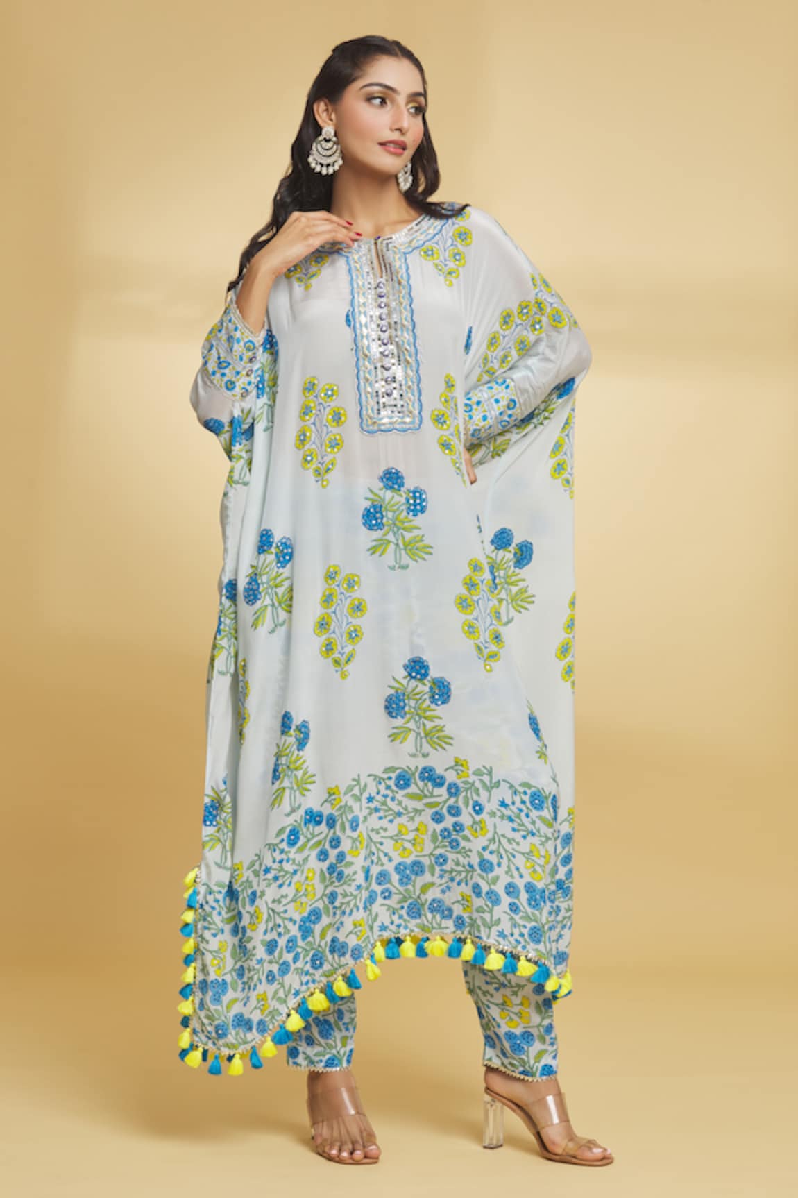 Maayera Jaipur Iris Bloom Print Hand Embroidered Kurta With Pant