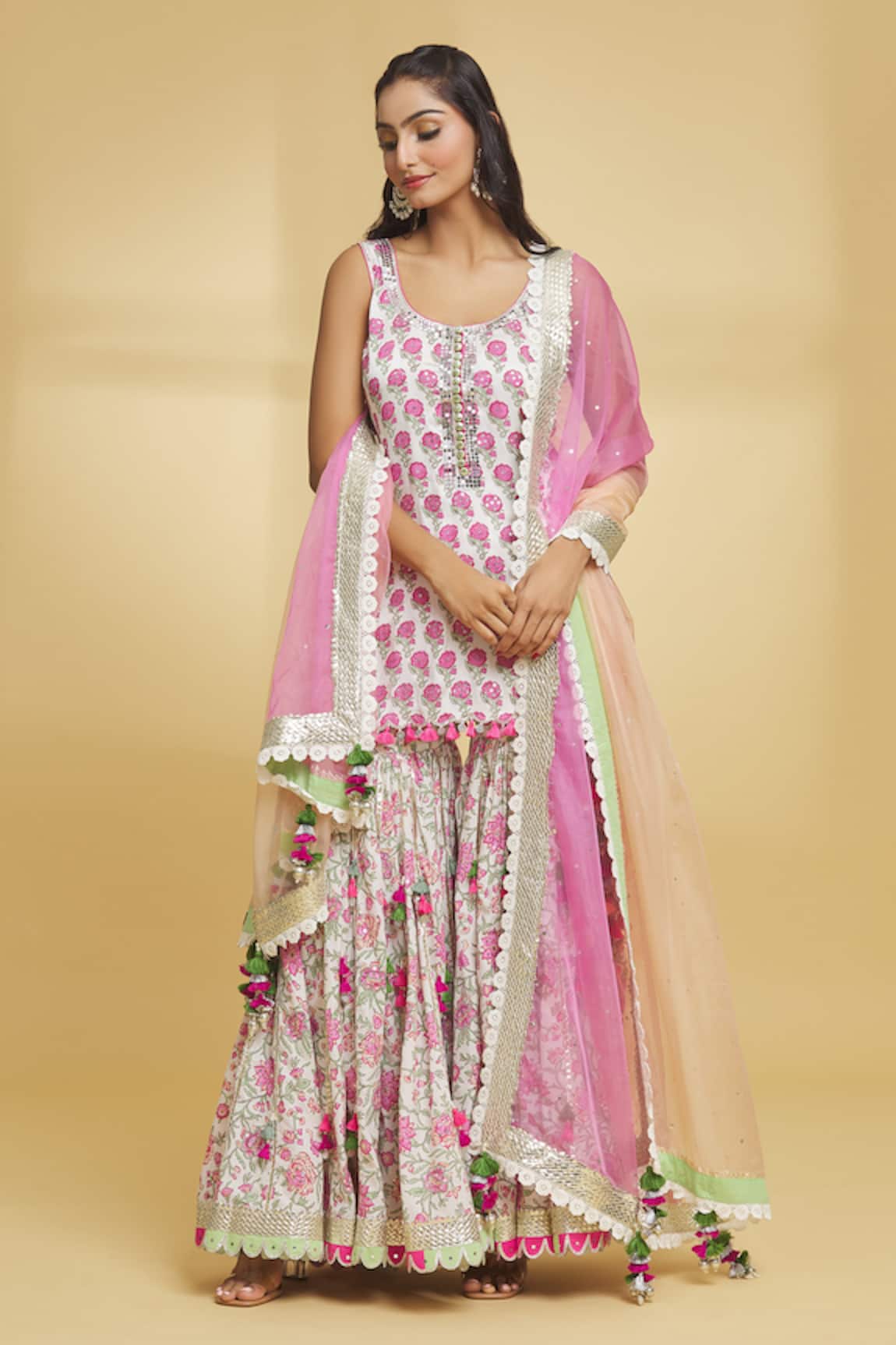 Maayera Jaipur Petunia Bloom Print & Embellished Kurti Gharara Set