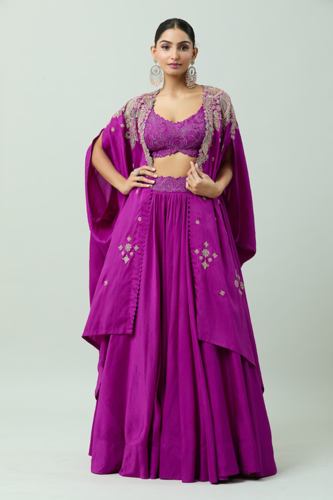 Mrunalini Rao Paisley Resham Embroidered Cape Lehenga Set