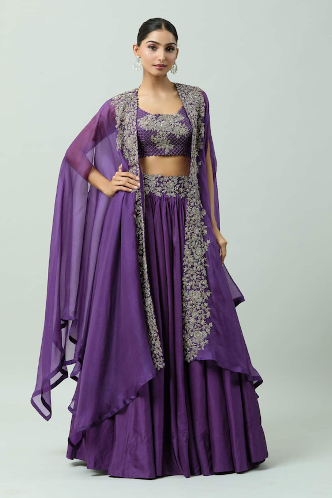 Mrunalini Rao Floral Embroidered Border Cape Skirt Set