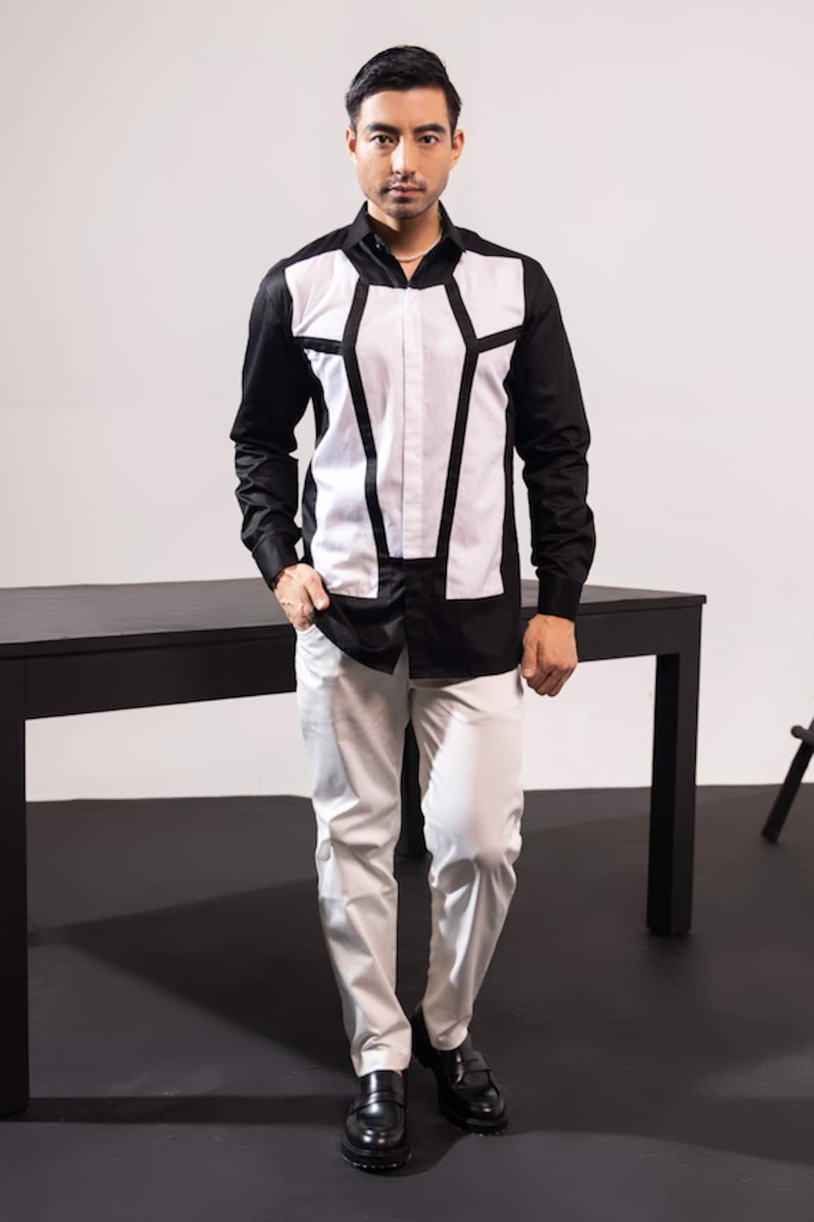 Seven Noir Blanc Geometric Patchwork Embroidered Shirt