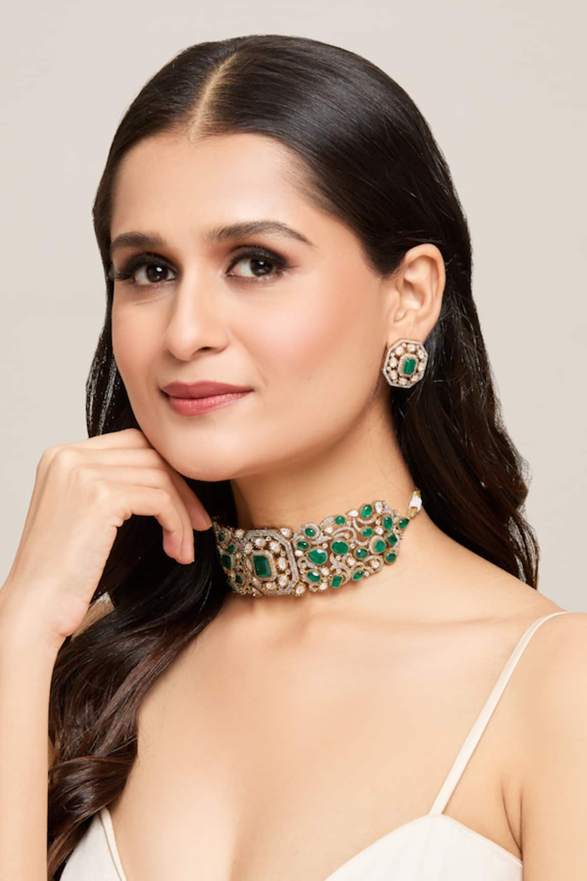 Moh-Maya By Disha Khatri Emerald Stone Polki Choker Set