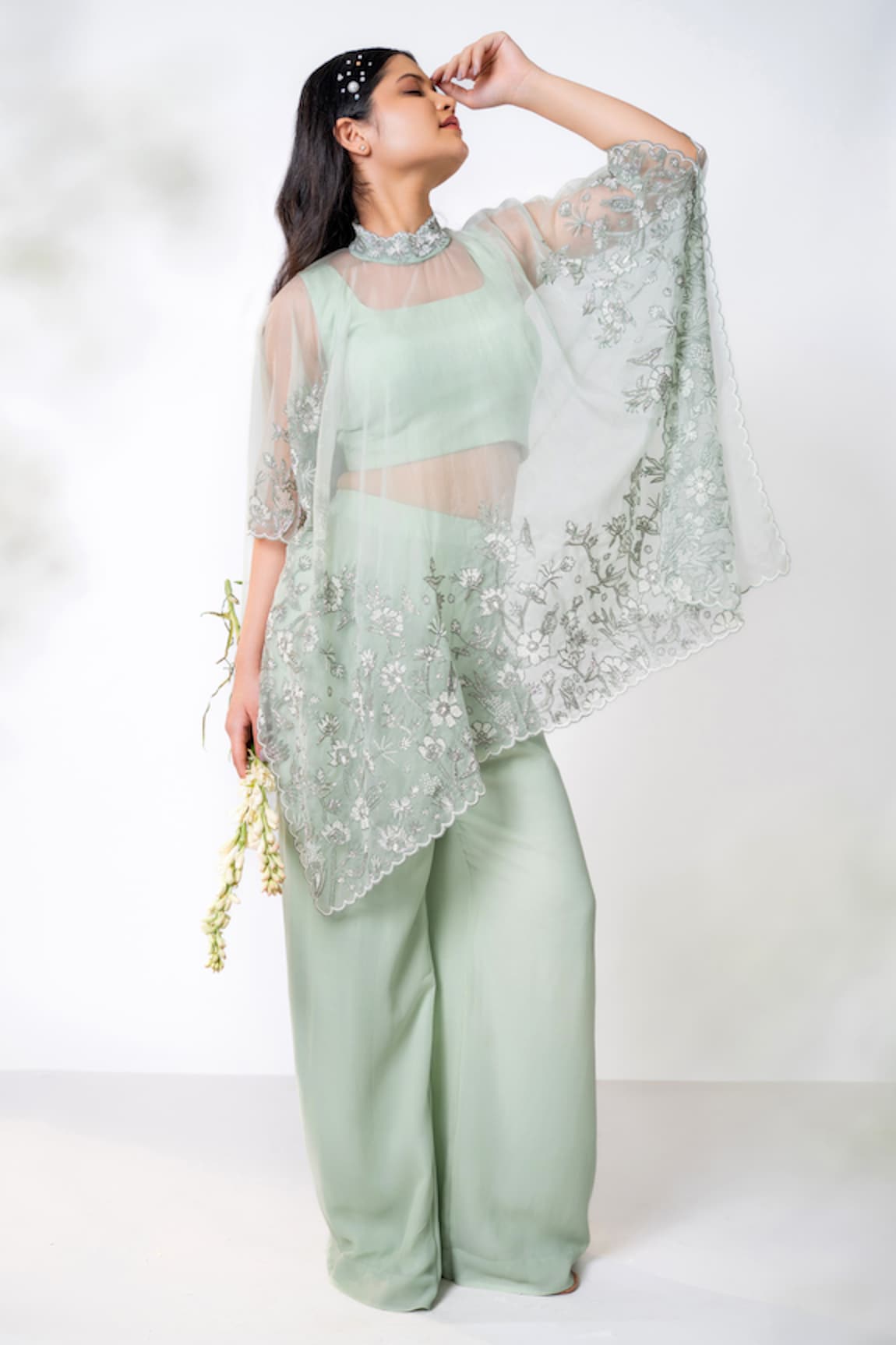 Aanchal Vijaywargi Garden Embroidered Poncho Palazzo Pant Set