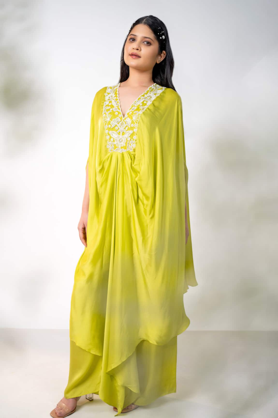 Aanchal Vijaywargi Pearl Fleur Embroidered Draped Kaftan With Flared Pant