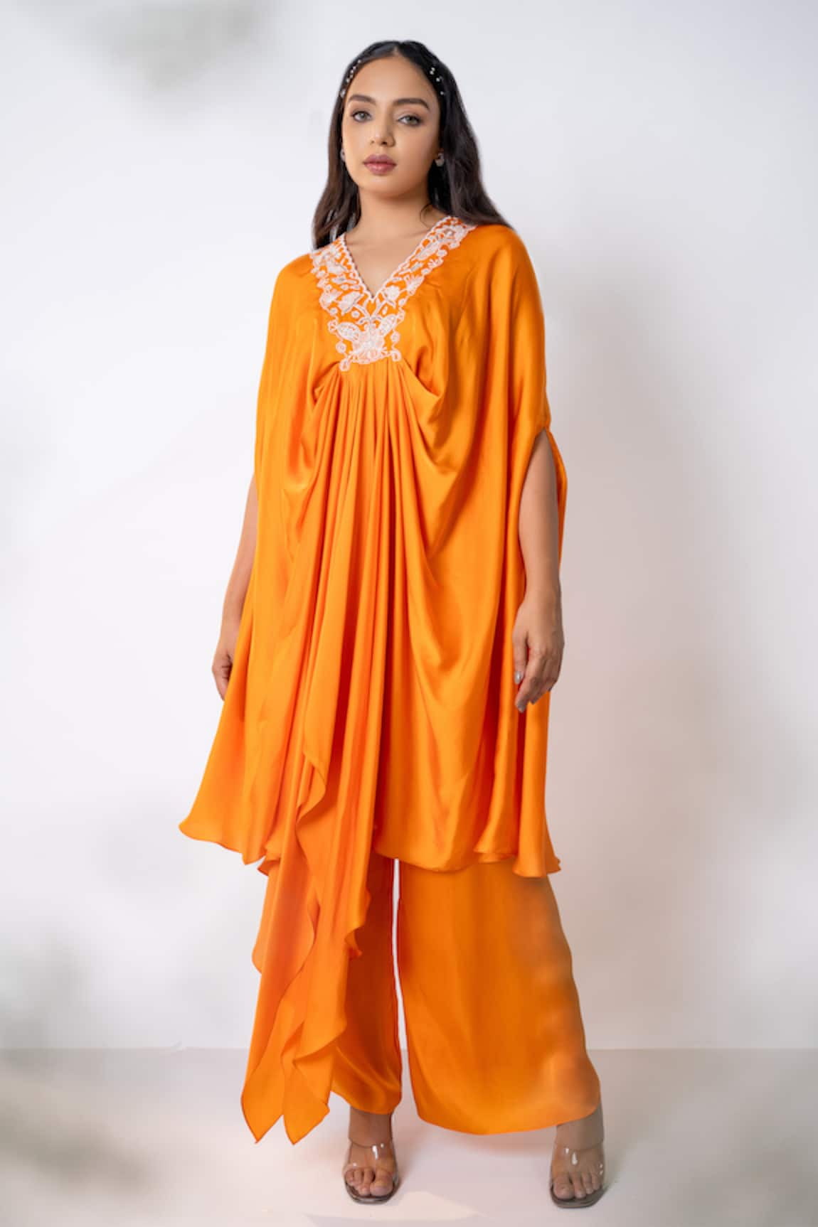 Aanchal Vijaywargi Pearl Wildbloom Embroidered Draped Kaftan With Flared Pant