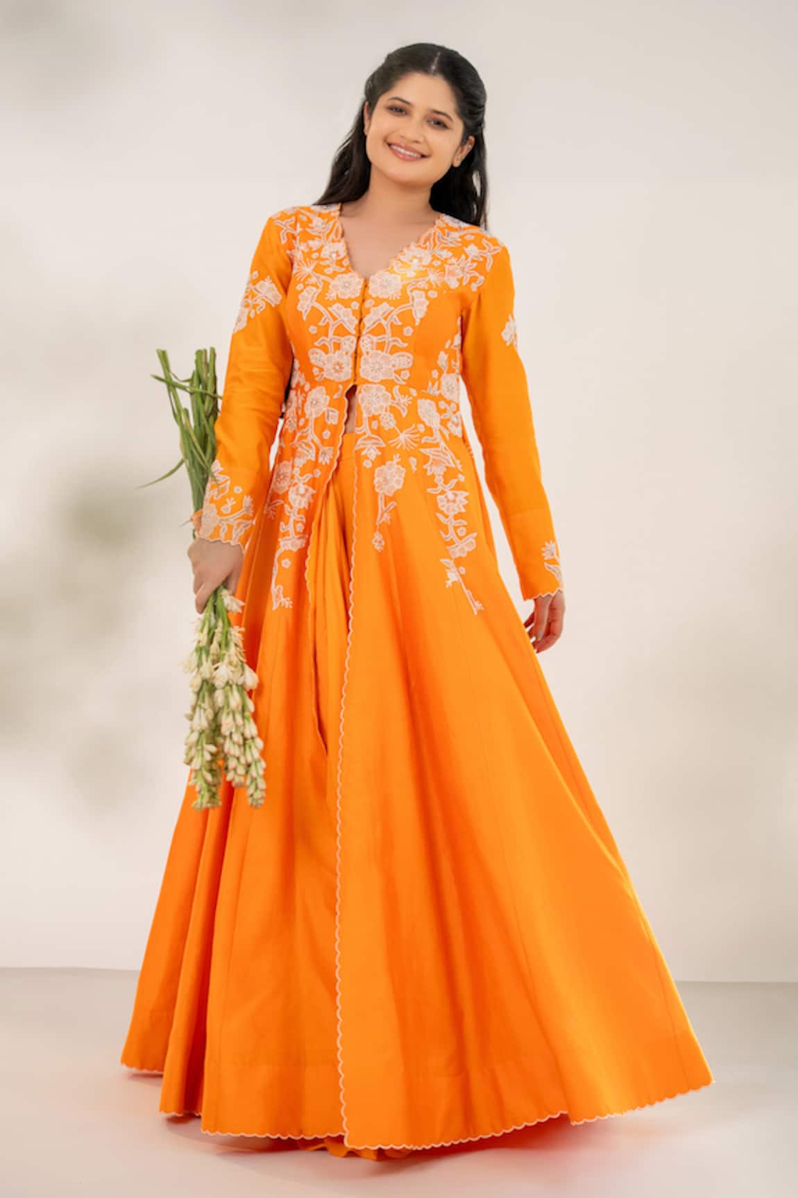 Aanchal Vijaywargi Marigold Embroidered Anarkali Jacket With Draped Skirt