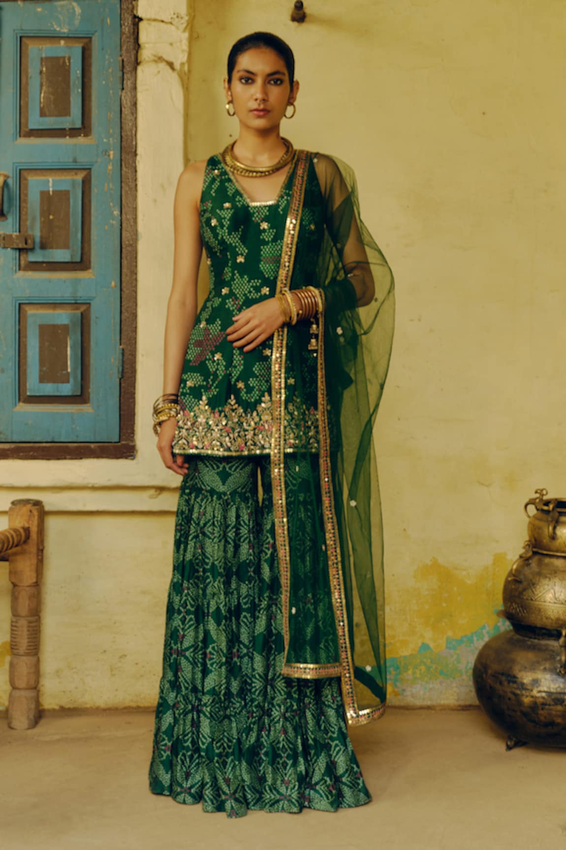 Drishti & Zahabia Bandhej Print & Embroidered Kurta Sharara Set