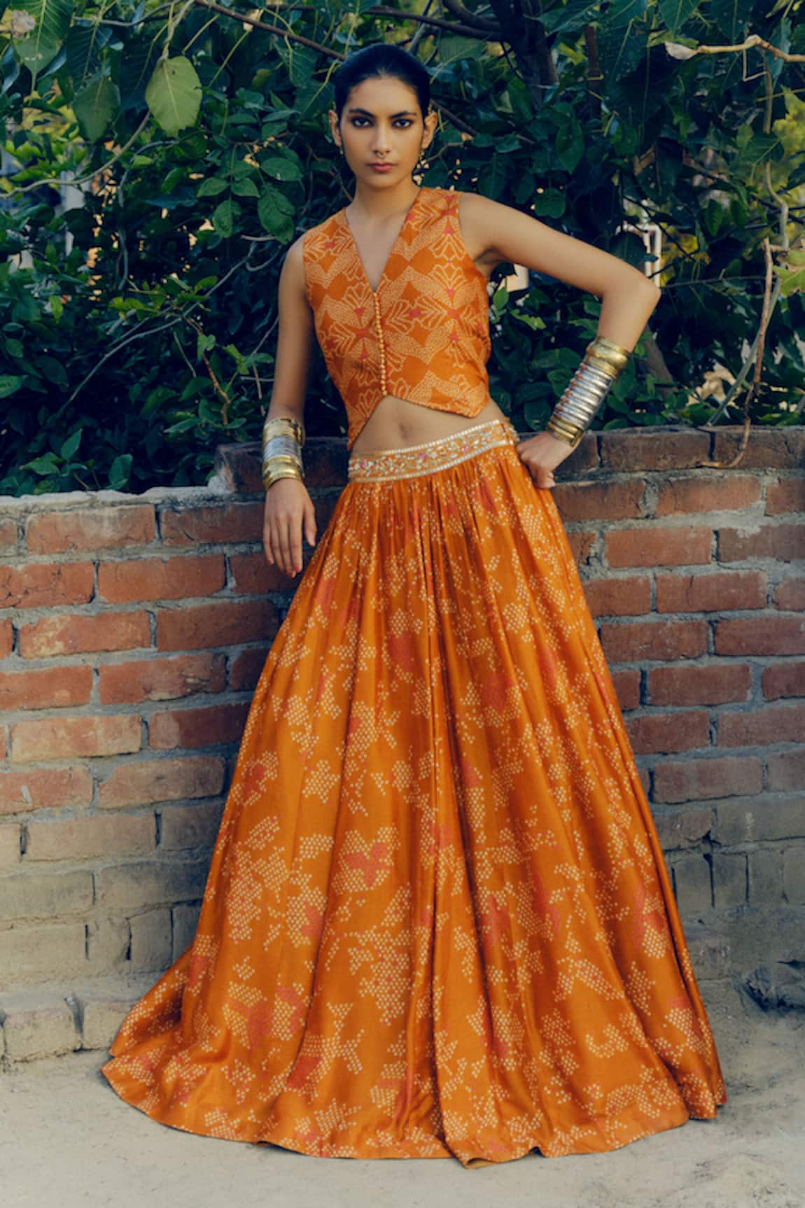 Drishti & Zahabia Bandhej Bahar Print Lehenga With Waistcoat Blouse