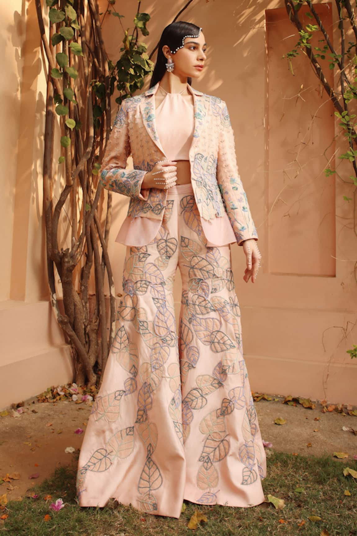 Shweta Aggarwal 3D Leaves Embroidered Blazer Sharara Set