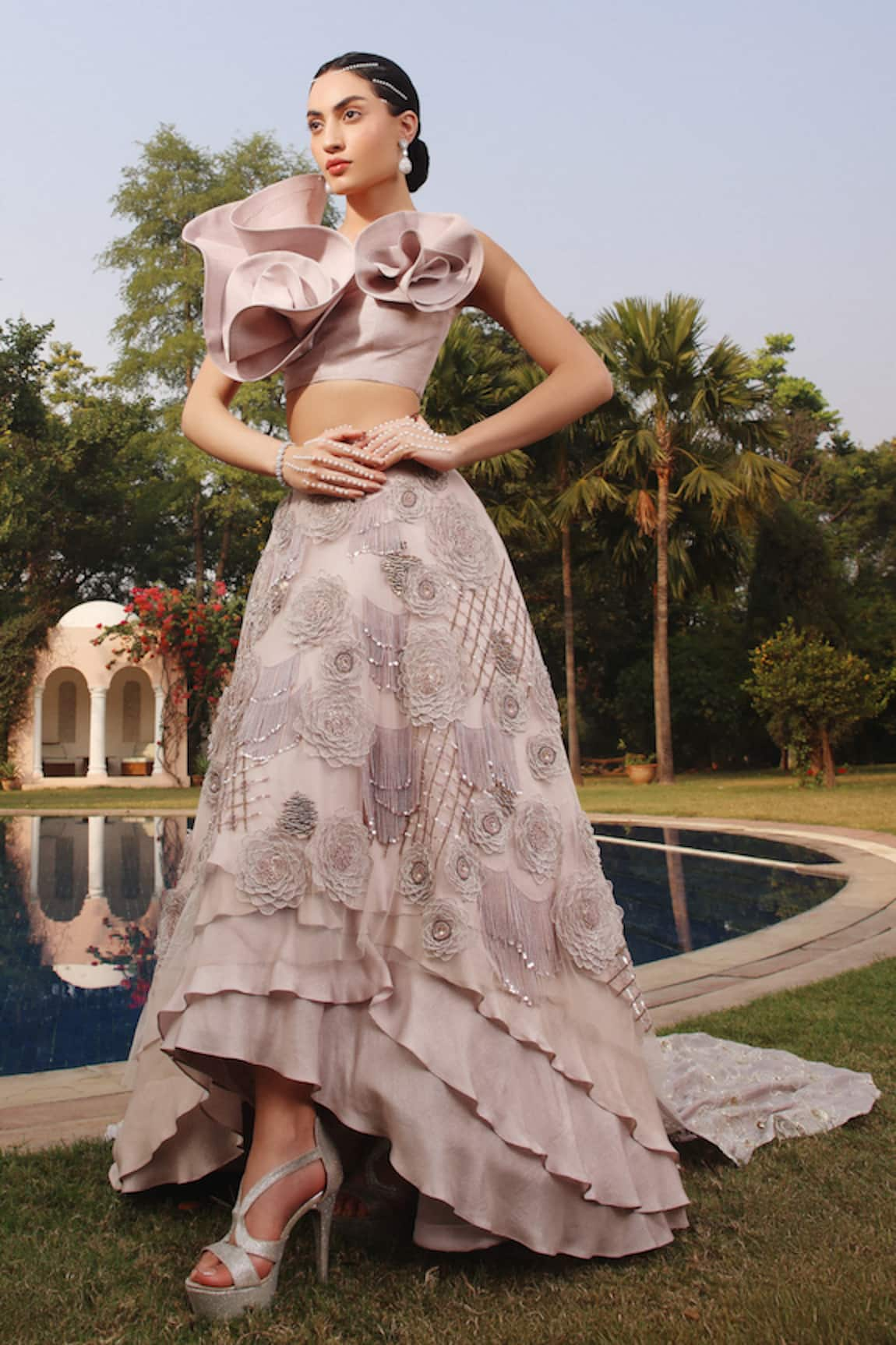 Shweta Aggarwal Ruffled Blouse With Rosette Embroidered Skirt