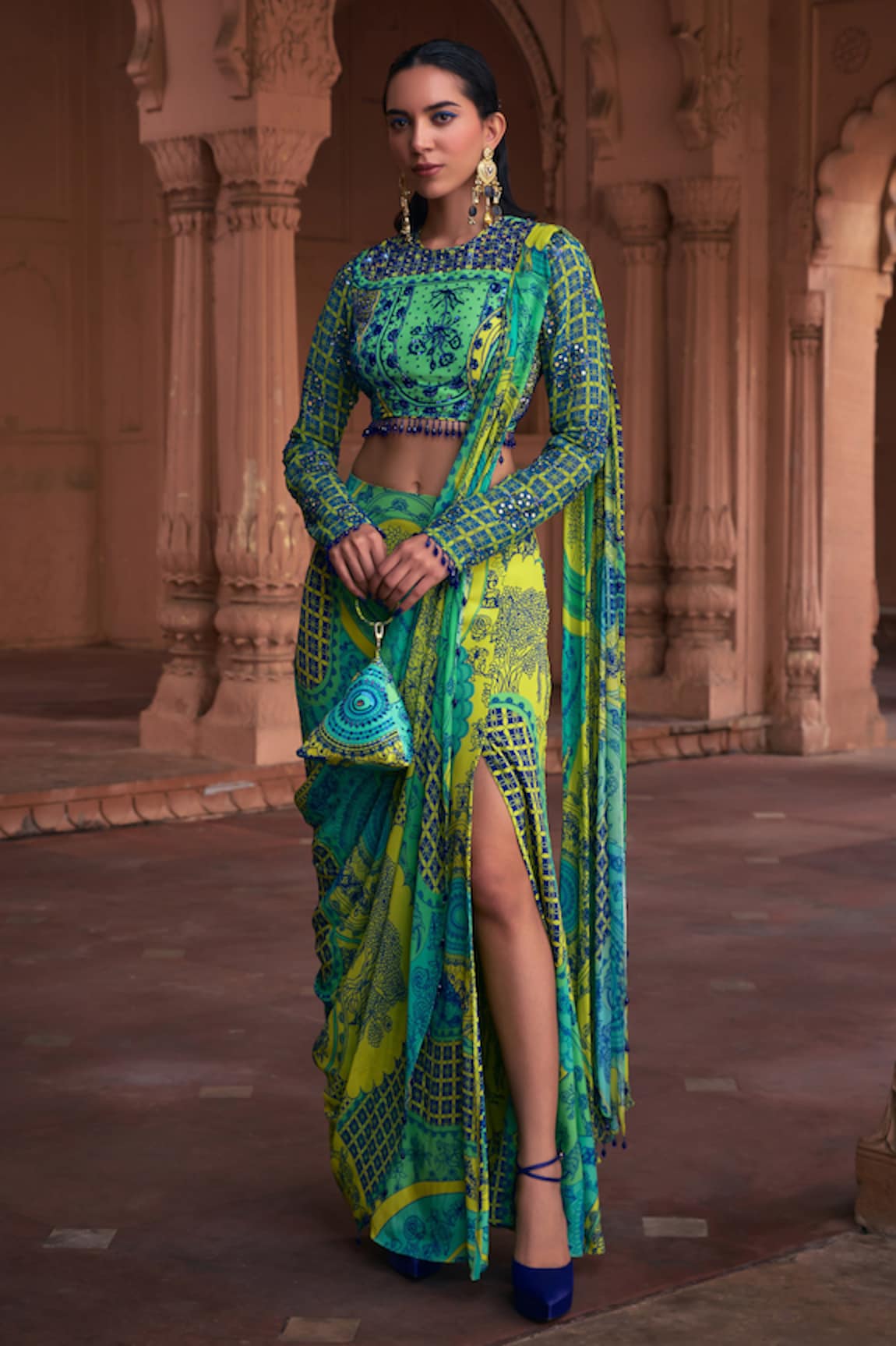 DiyaRajvvir Thikri Print Pre-Draped Skirt Saree With Blouse