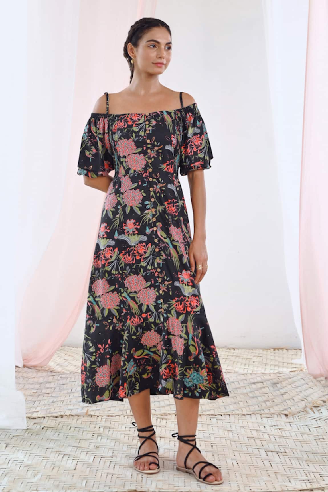 MoonTara Floral Print Cotton Midi Dress