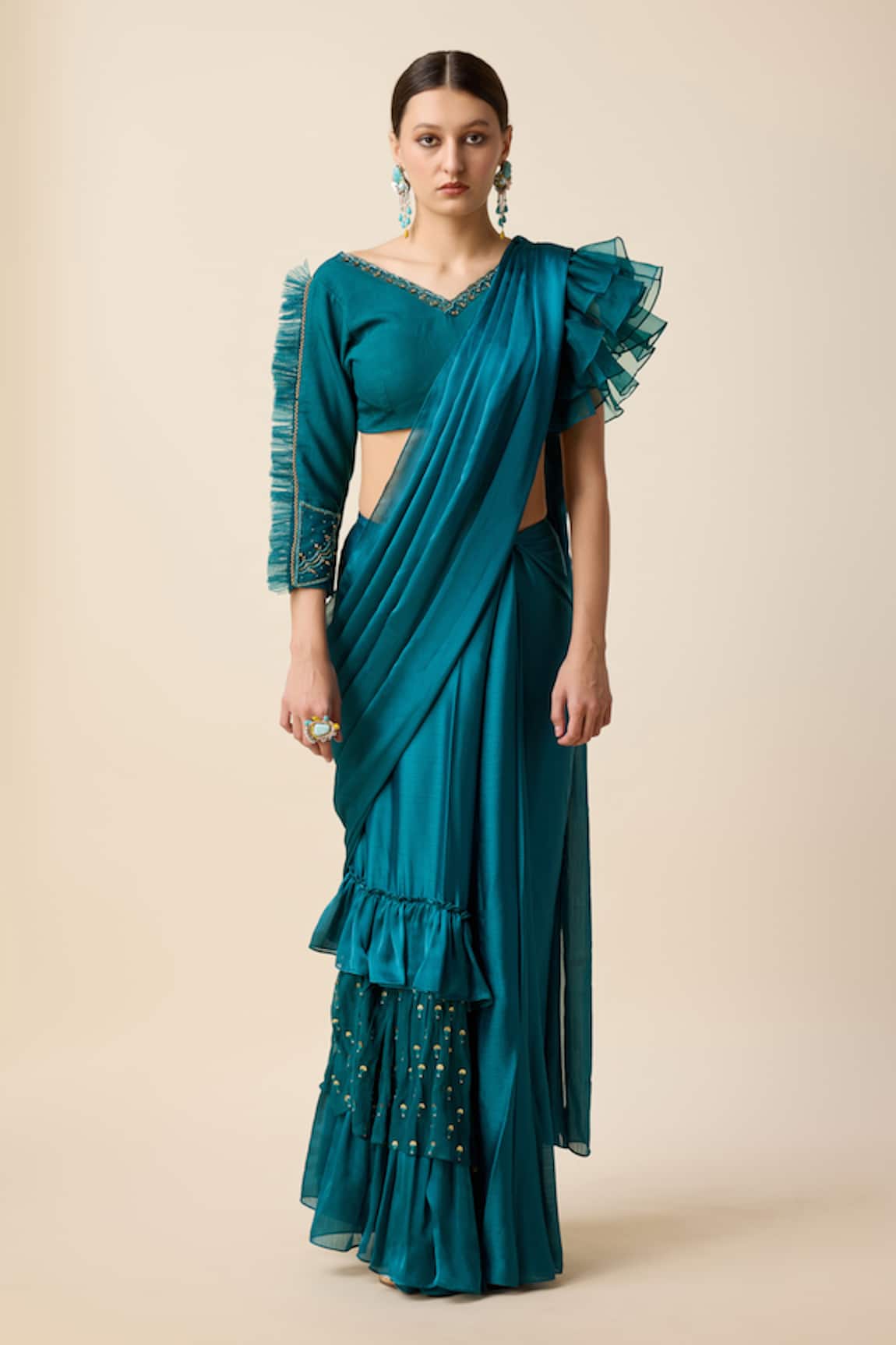 Merge Design Layered Embroidered Pre-Draped Saree With Blouse