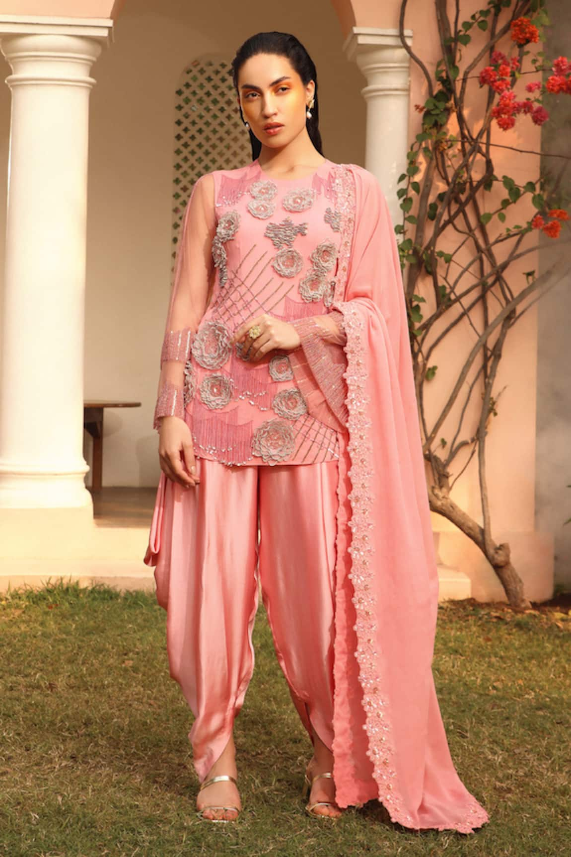 Shweta Aggarwal 3D Flower Embroidered Kurta Cowl Pant Set