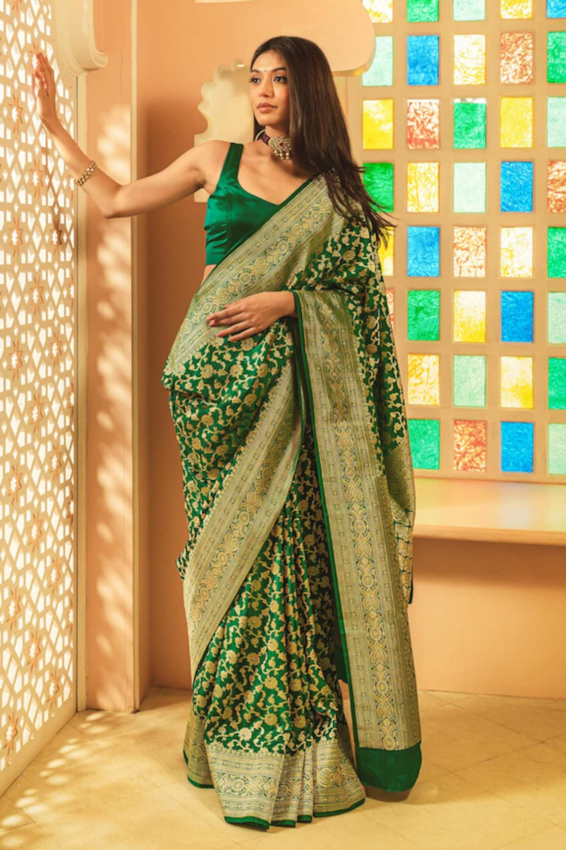 Amaara Floral Woven Banarasi Saree With Running Blouse