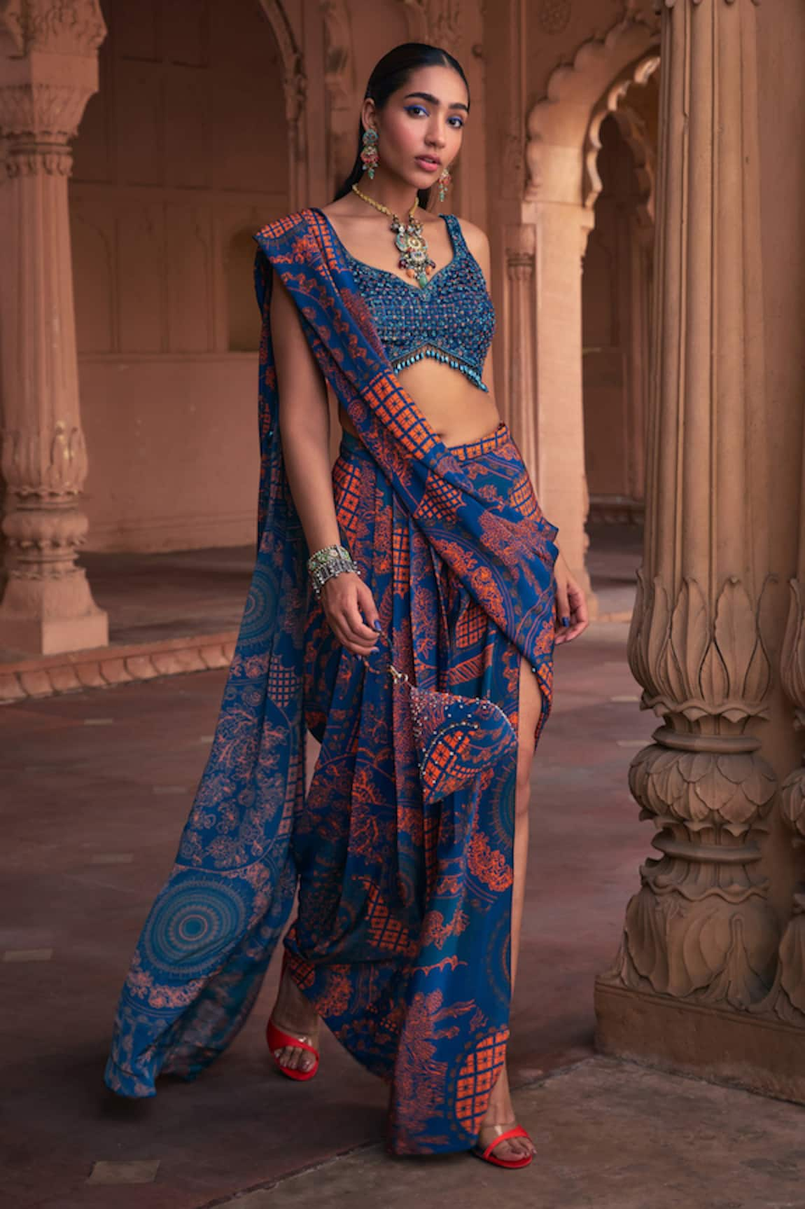 DiyaRajvvir Thikri Print Pre-Stitched Skirt Saree With Blouse