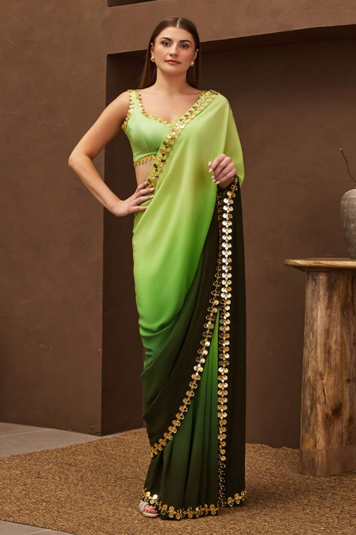 Papa Don't Preach Pret Sequin Vine Embroidered Ombre Pre-Draped Saree With Blouse