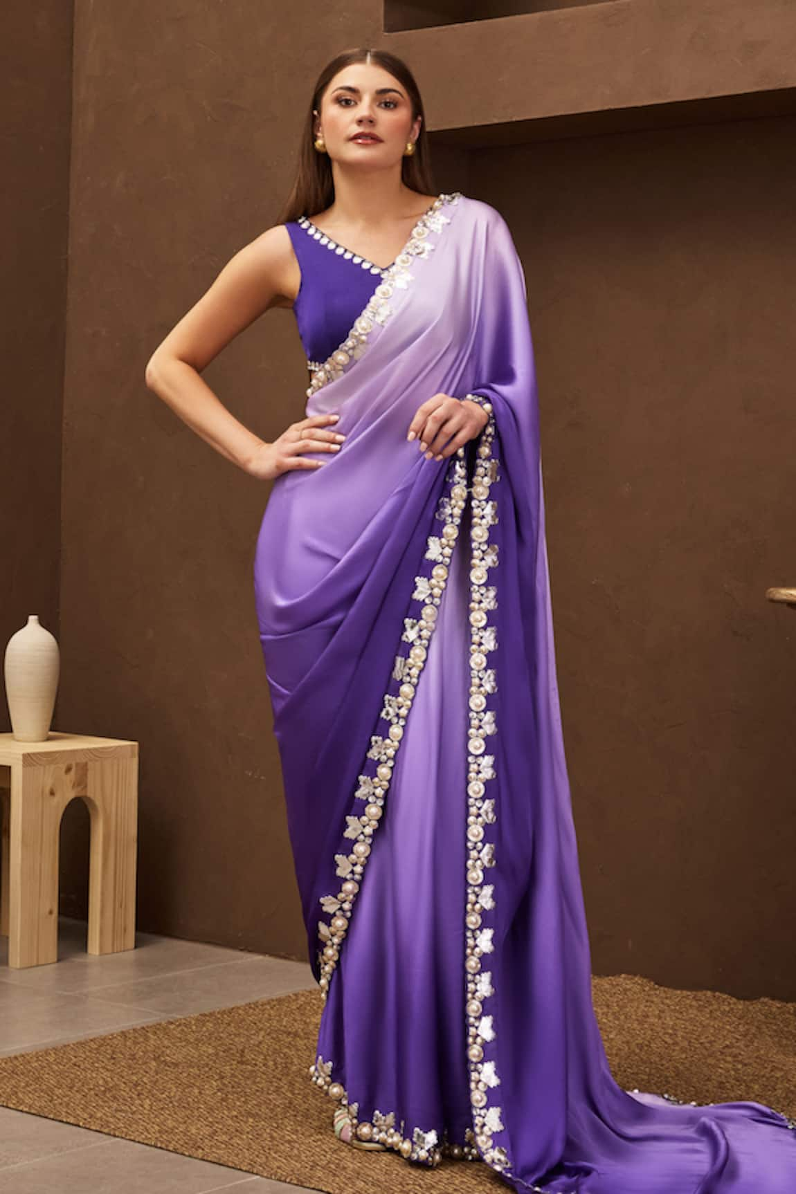 Papa Don't Preach Pret Crown Jewel Embroidered Ombre Pre-Draped Saree With Blouse