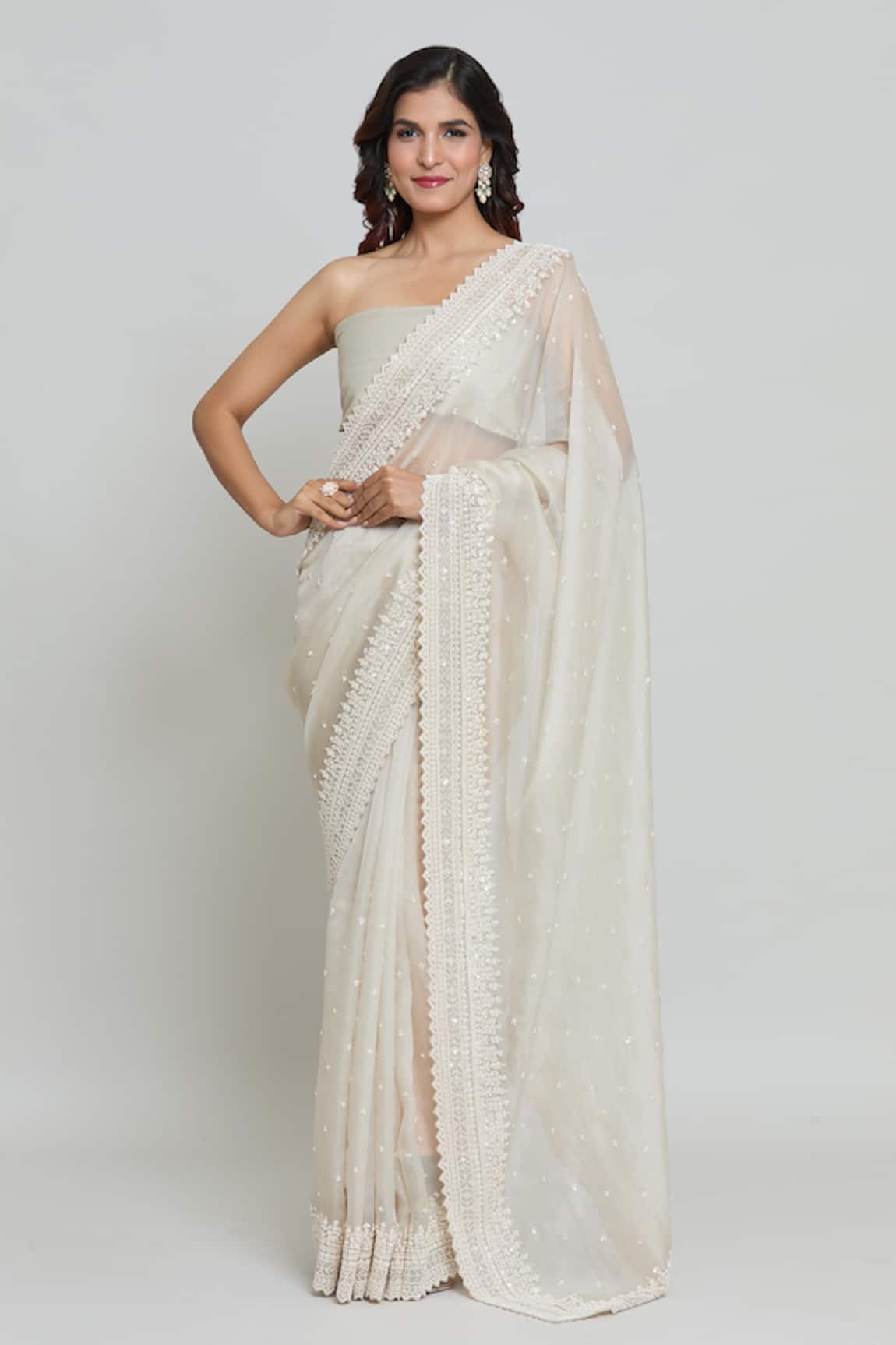 Anushree Reddy Saahira Pearl Gul Embroidered Saree With Unstitched Blouse Fabric