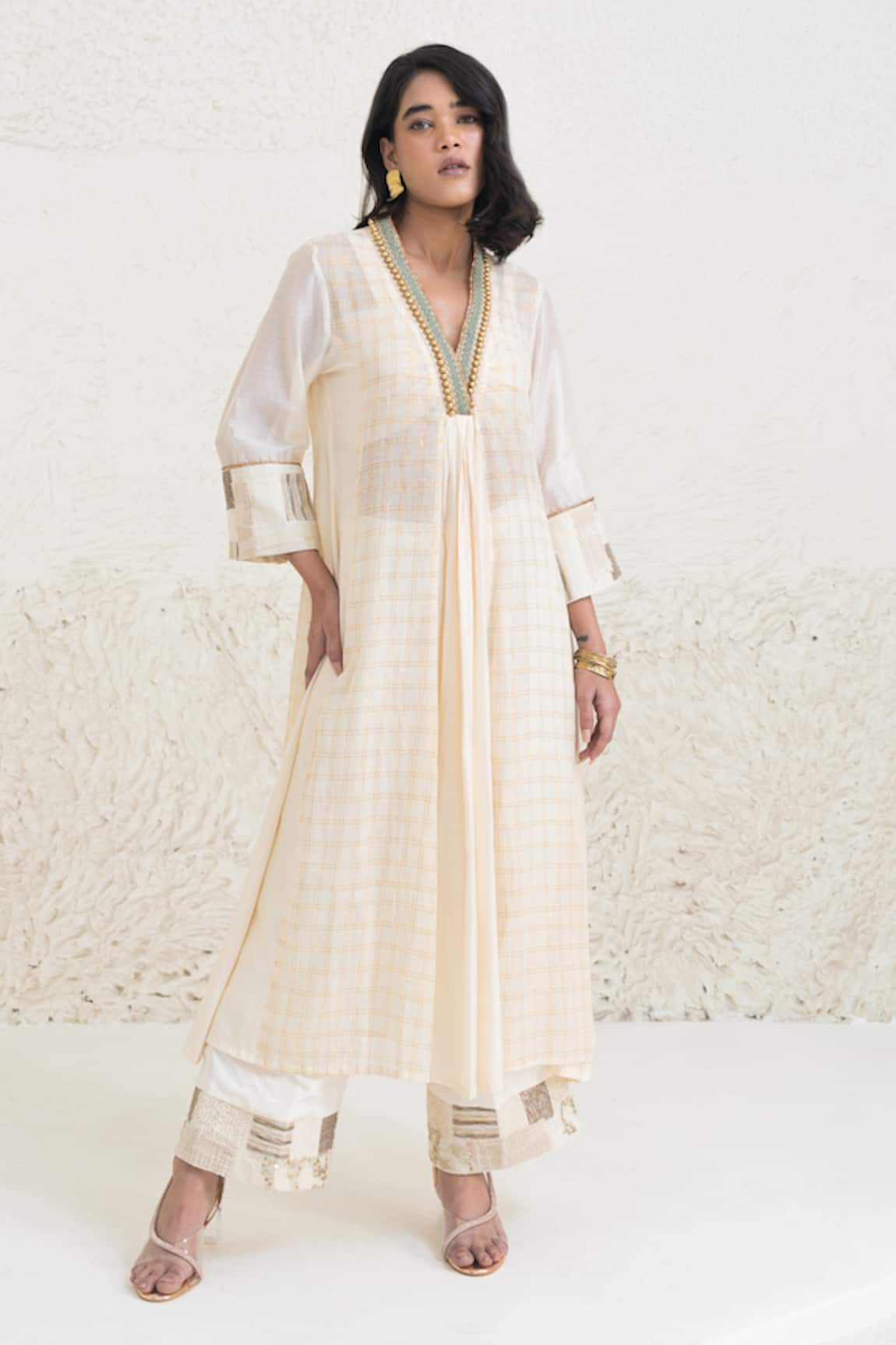 Rishi & Vibhuti Eraya Bead Neckline Embellished Kurta & Flared Pant Set