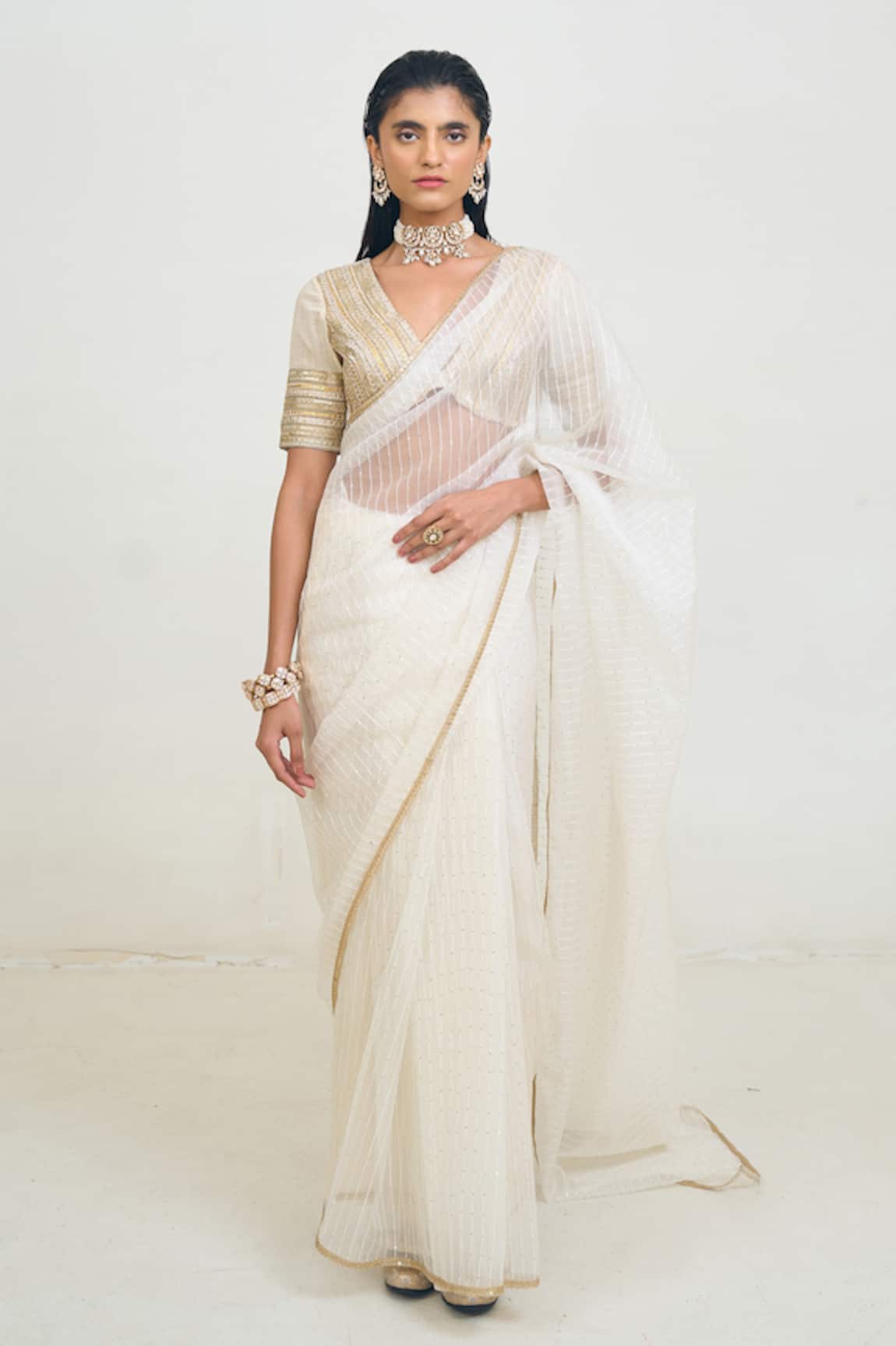 Rishi & Vibhuti Sira Stripe Embroidered Saree With Blouse