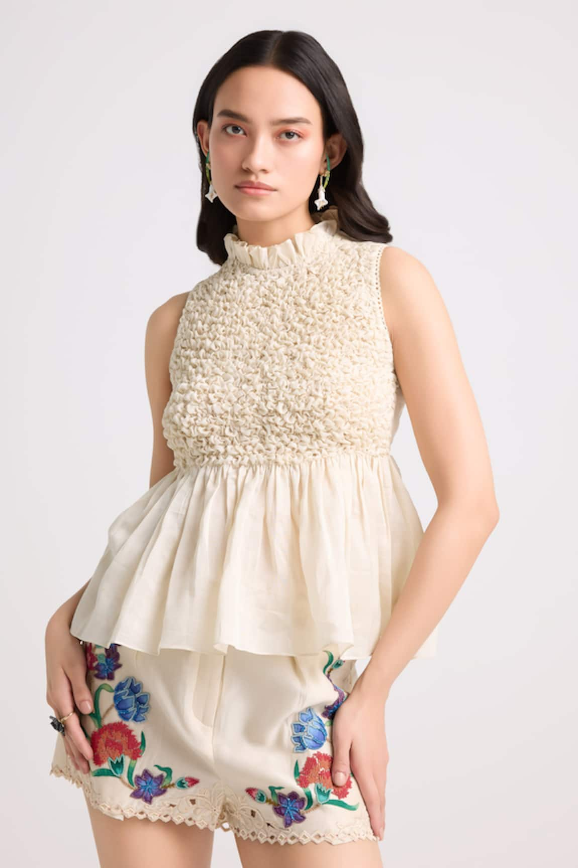 Chandrima Smocked Bodice Peplum Top