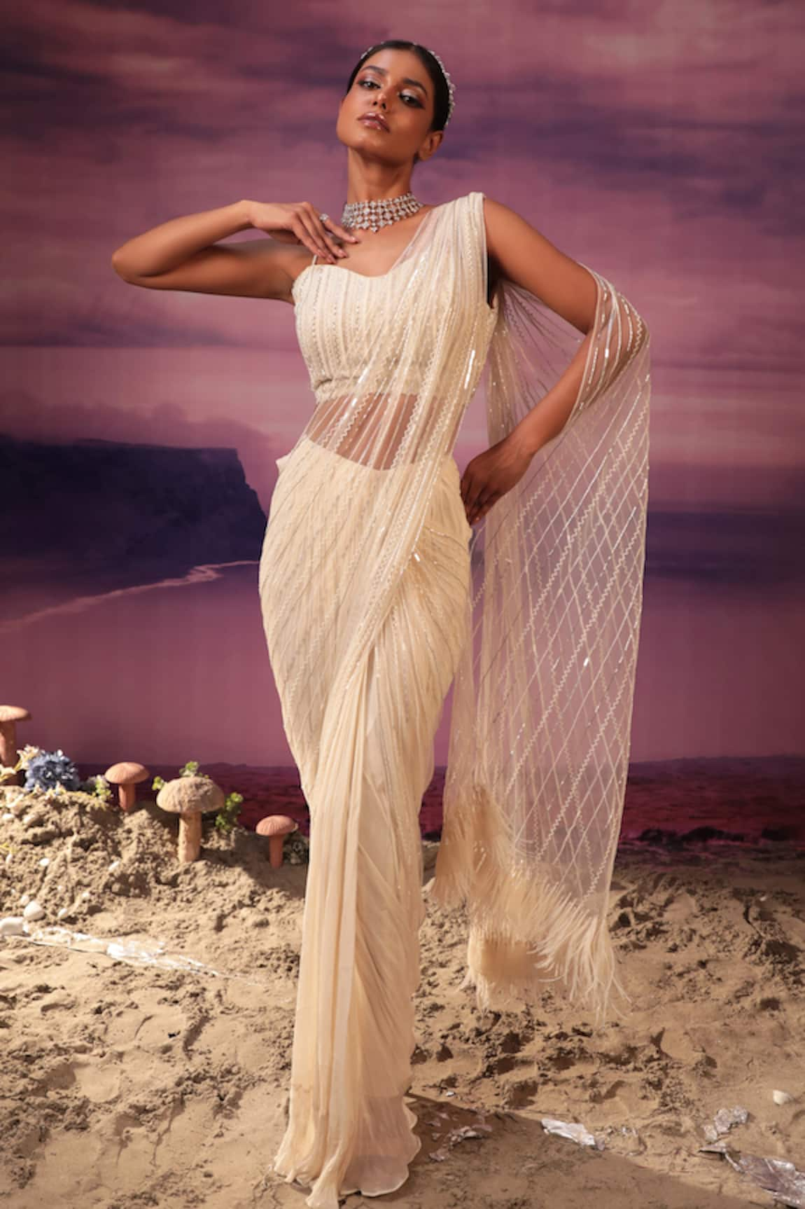 COUTURE BY NIHARIKA Vertical Geometric Embroidered Pre-Draped Saree With Blouse