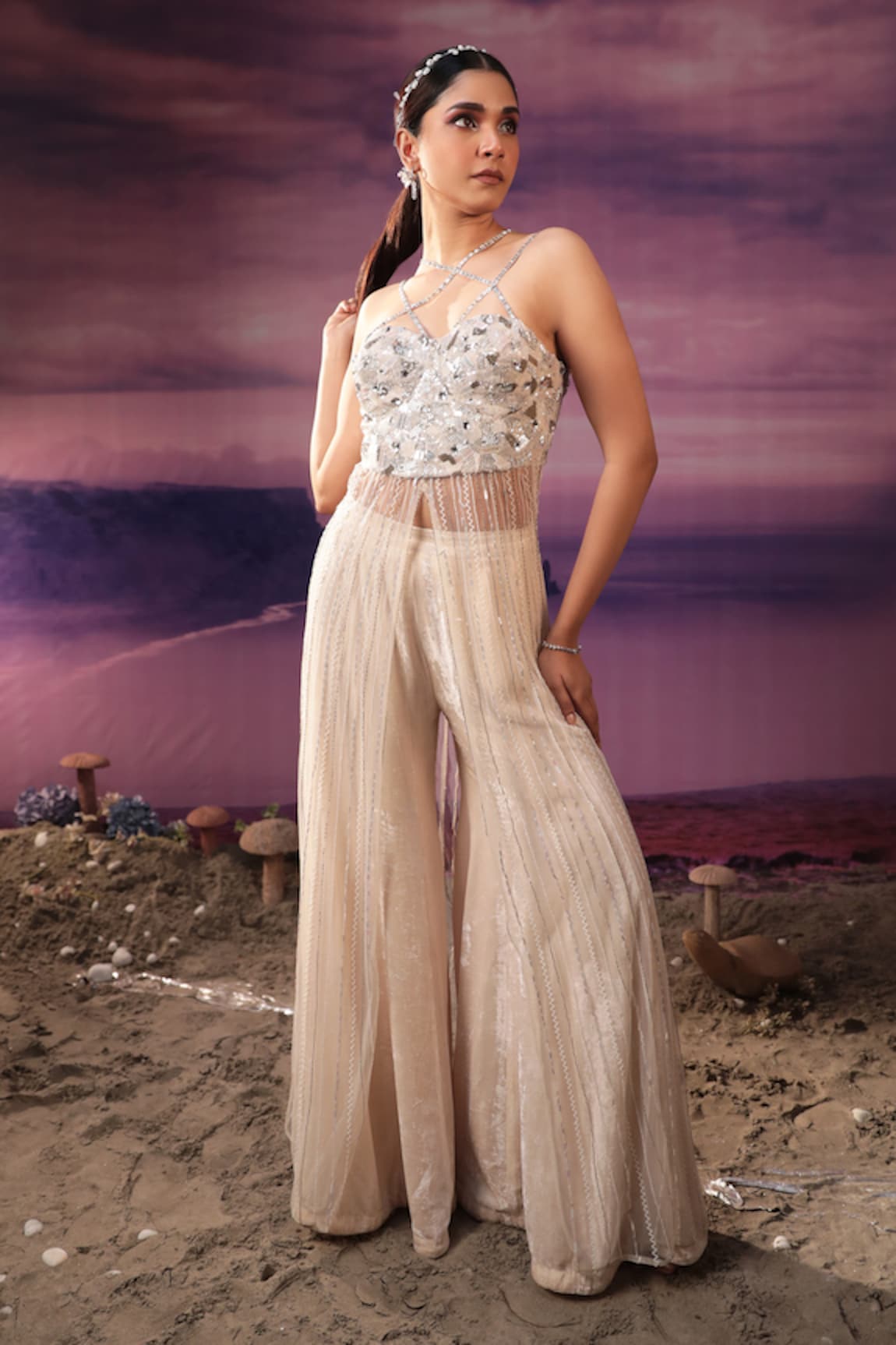 COUTURE BY NIHARIKA Sequin Embroidered Corset & Flared Pant Set