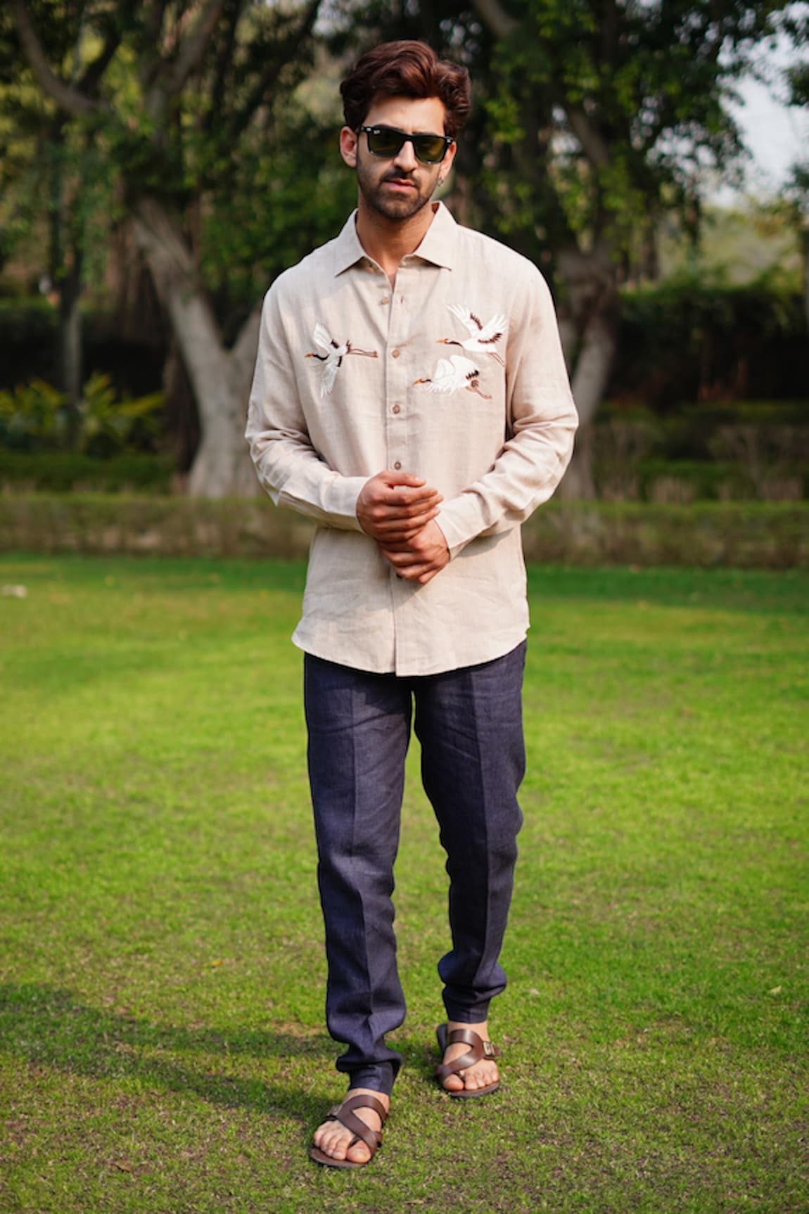 Linen Bloom Crane Embroidered Shirt