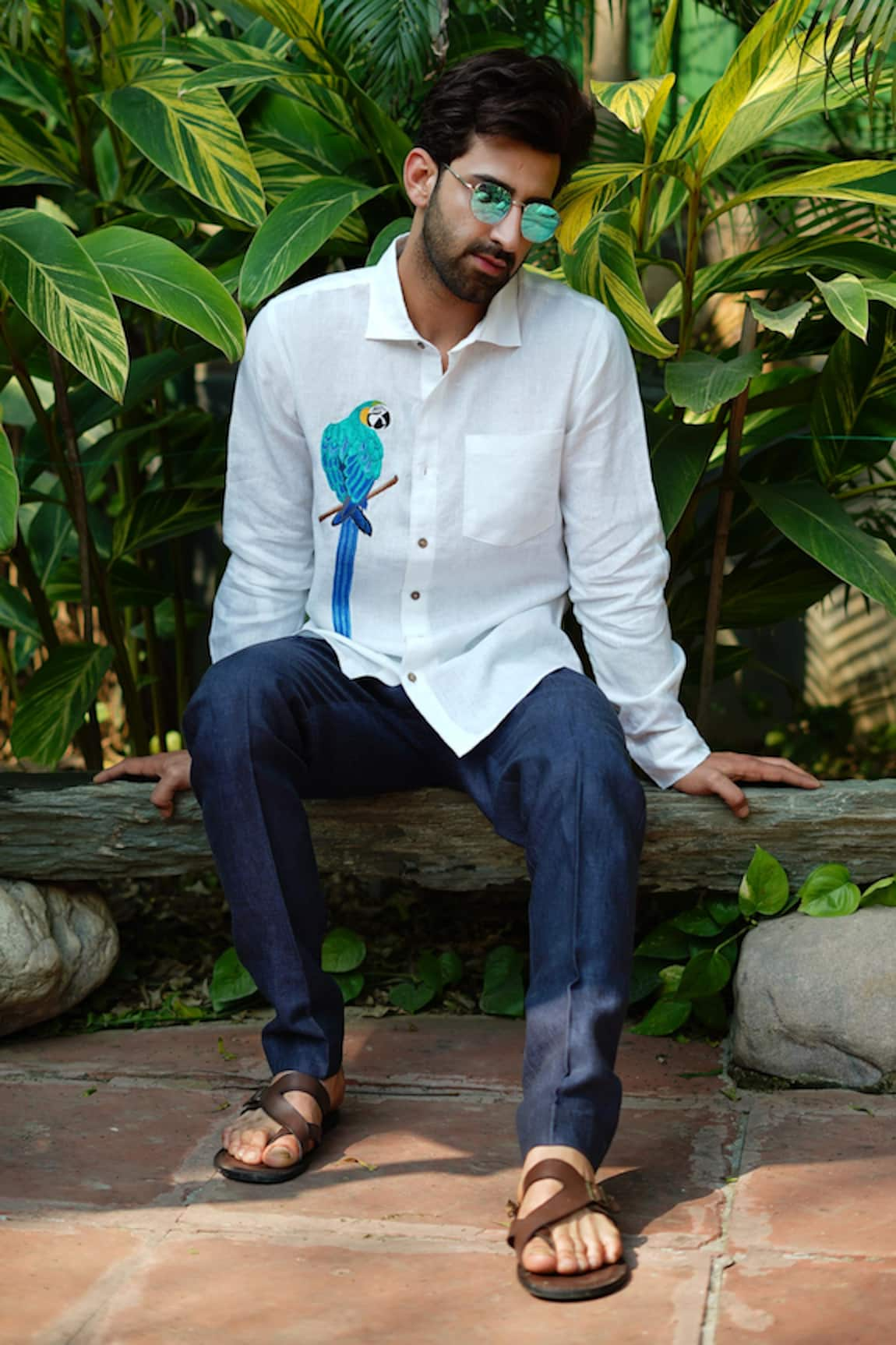 Linen Bloom Macaw Embroidered Shirt