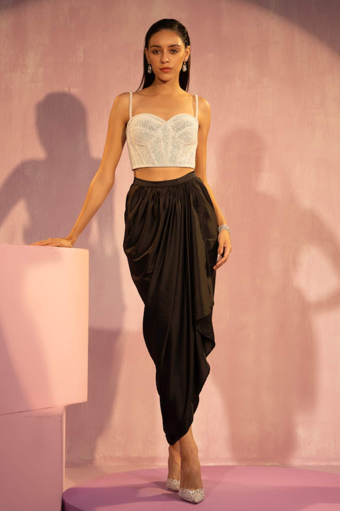 TYOHAR Pearl Embroidered Corset & Draped Skirt Set