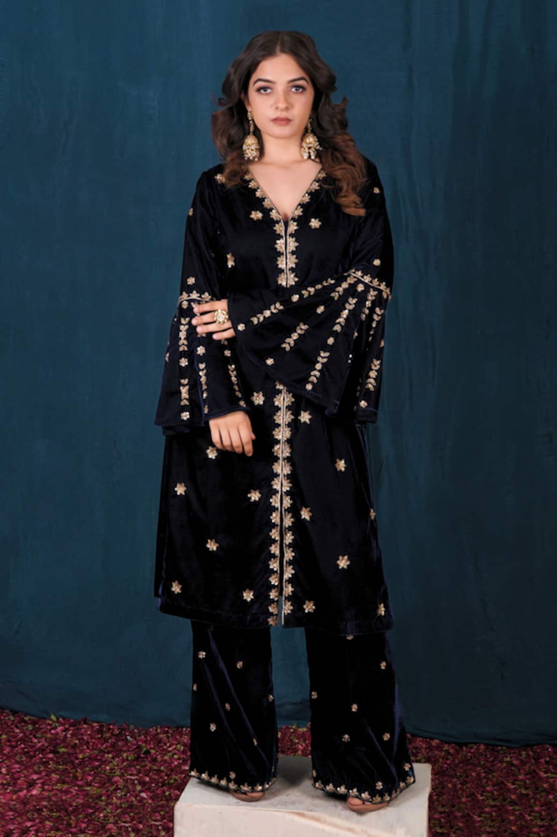 Saubhagya Velvet Embroidered Kurta & Wide Legged Pant Set